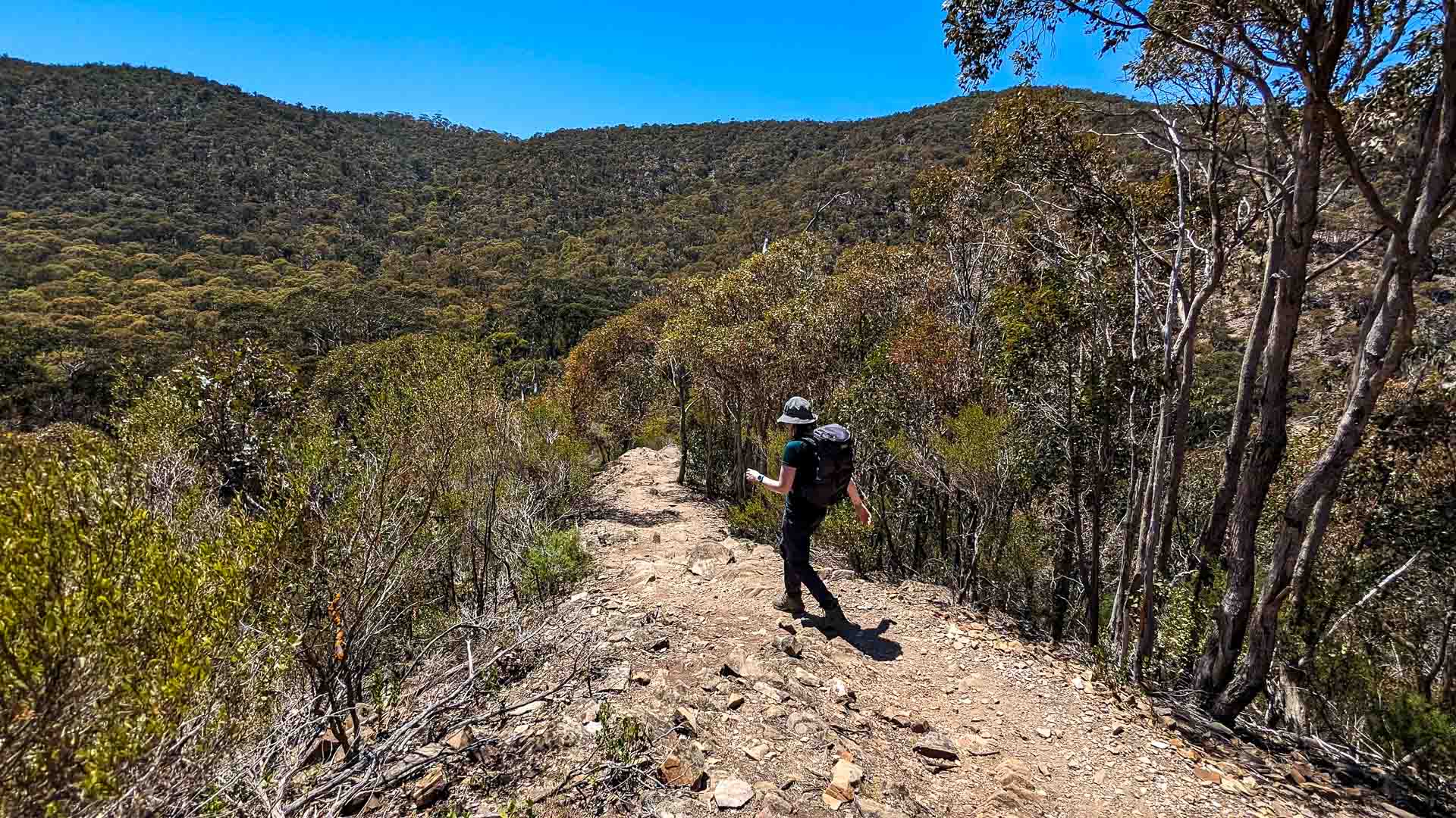 Lerderderg Gorge Circuit Walk – A Gorgeous, Gruelling Hike Near Melbourne, Victoria, Jess Nehme, gorge views, valley views, mountains, blue sky, hiker, downhill
