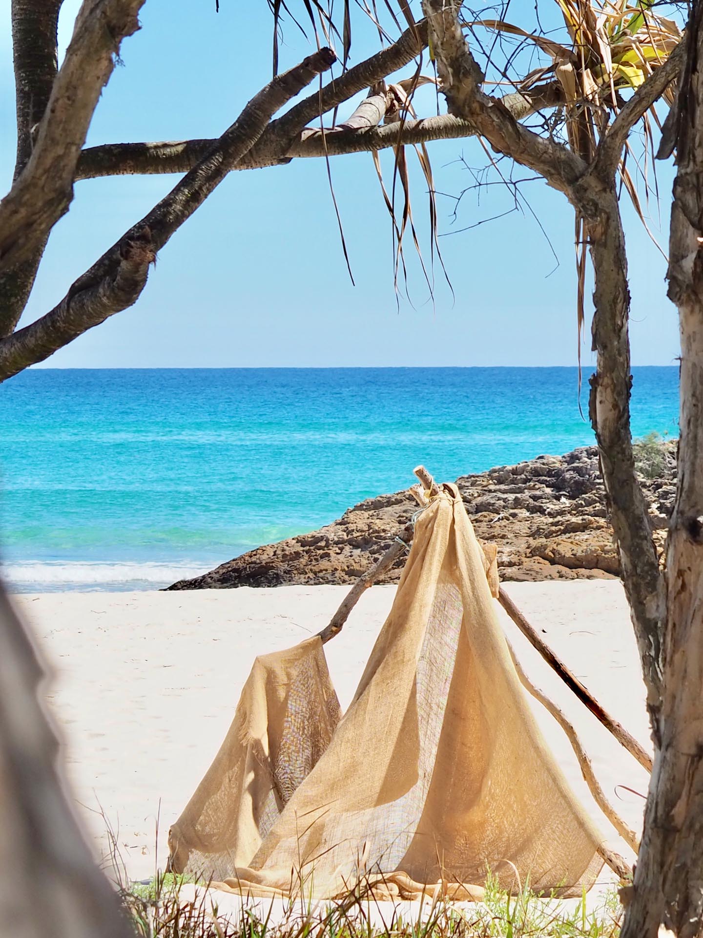 The Traveller Who Stopped Travelling – Nina Karnikowski on Mindful Travel, book release, north stradbroke island, pandanus trees on the beech with blue ocean in background