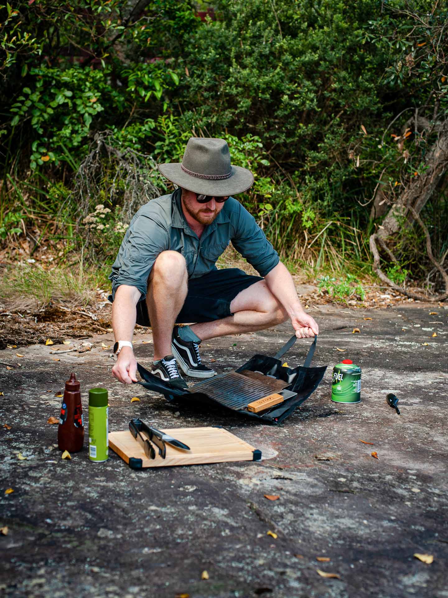 STOV Flatback Portable Gas BBQ – Gear Review & Test, tim ashelford, gear, gear review, camping bbq, hiking bbq, man setting up the stov bbq to use for outdoor cooking