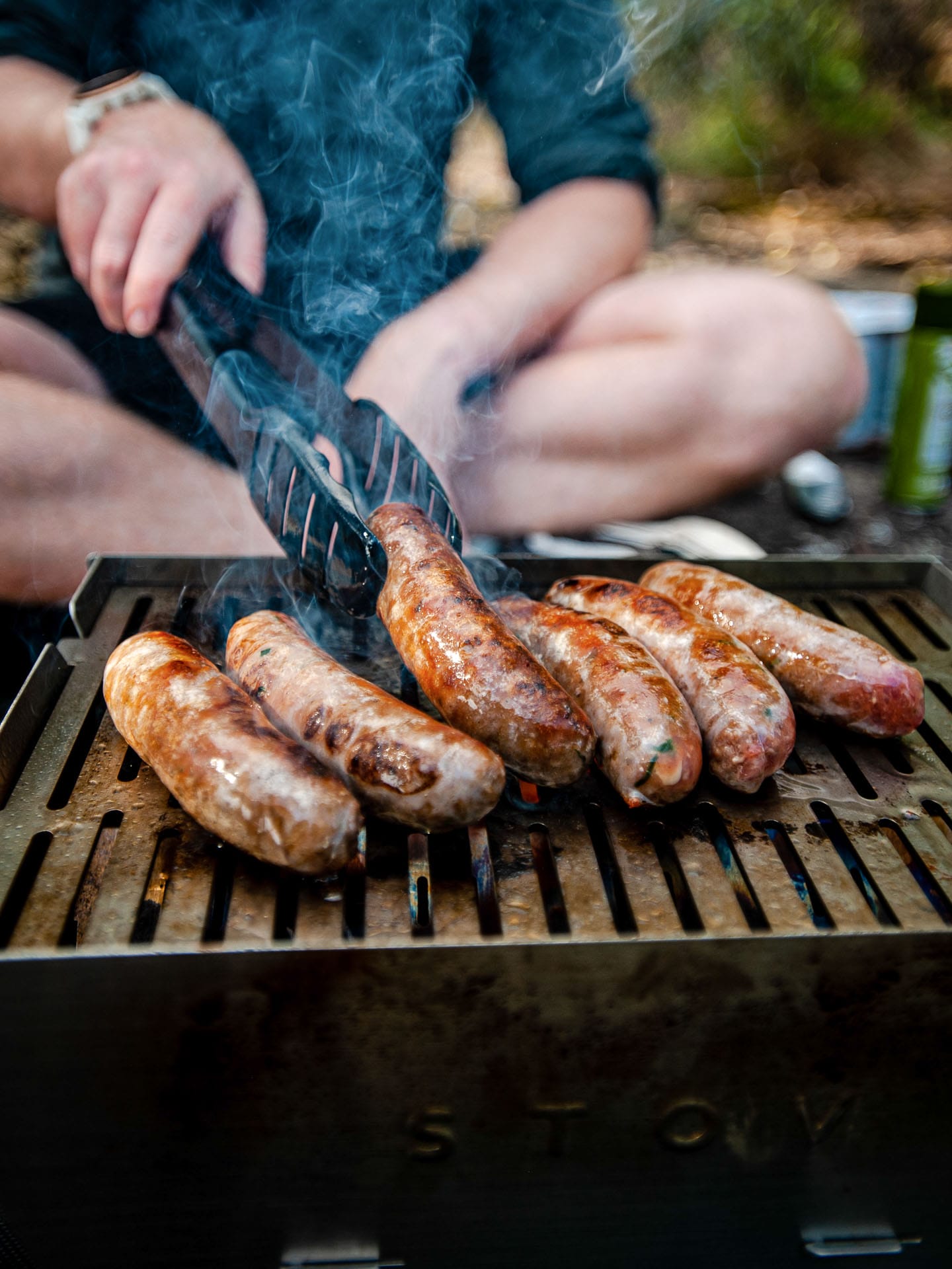STOV Flatback Portable Gas BBQ – Gear Review & Test, tim ashelford, barbeque, stov bbq, six sausages cooked on a stovv bbq outside