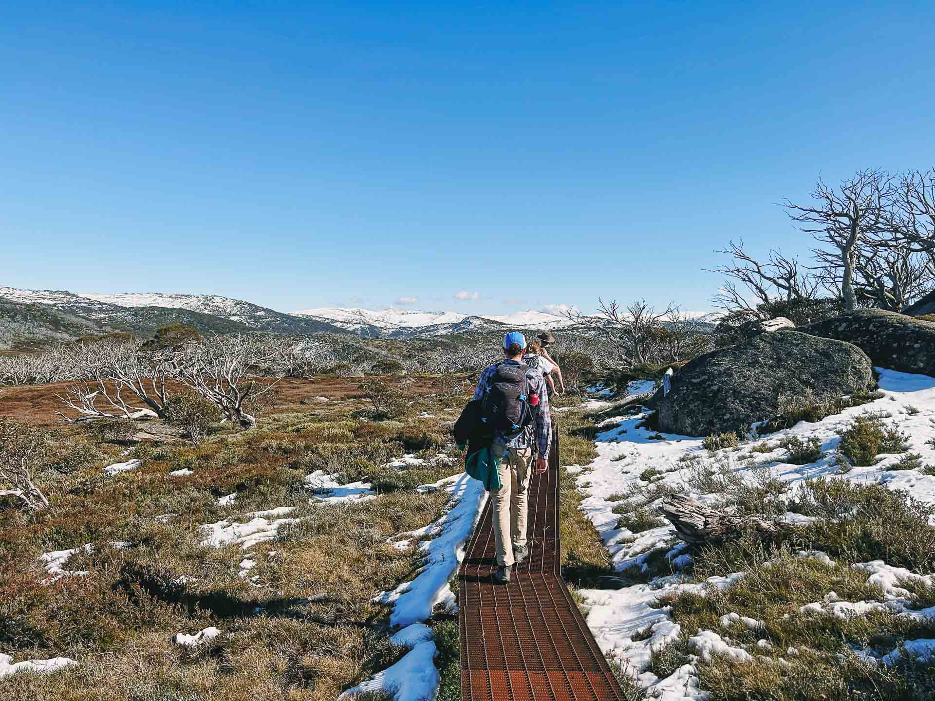 Charlotte Pass to Perisher Walk – Hiking the Newest Stage of the Snowies Alpine Walk in Kosciuszko National Park, nsw hikes, Photo by Kate Donald, alpine, back country, day hike, hikers on rocky and snowy trail at kosciuszko