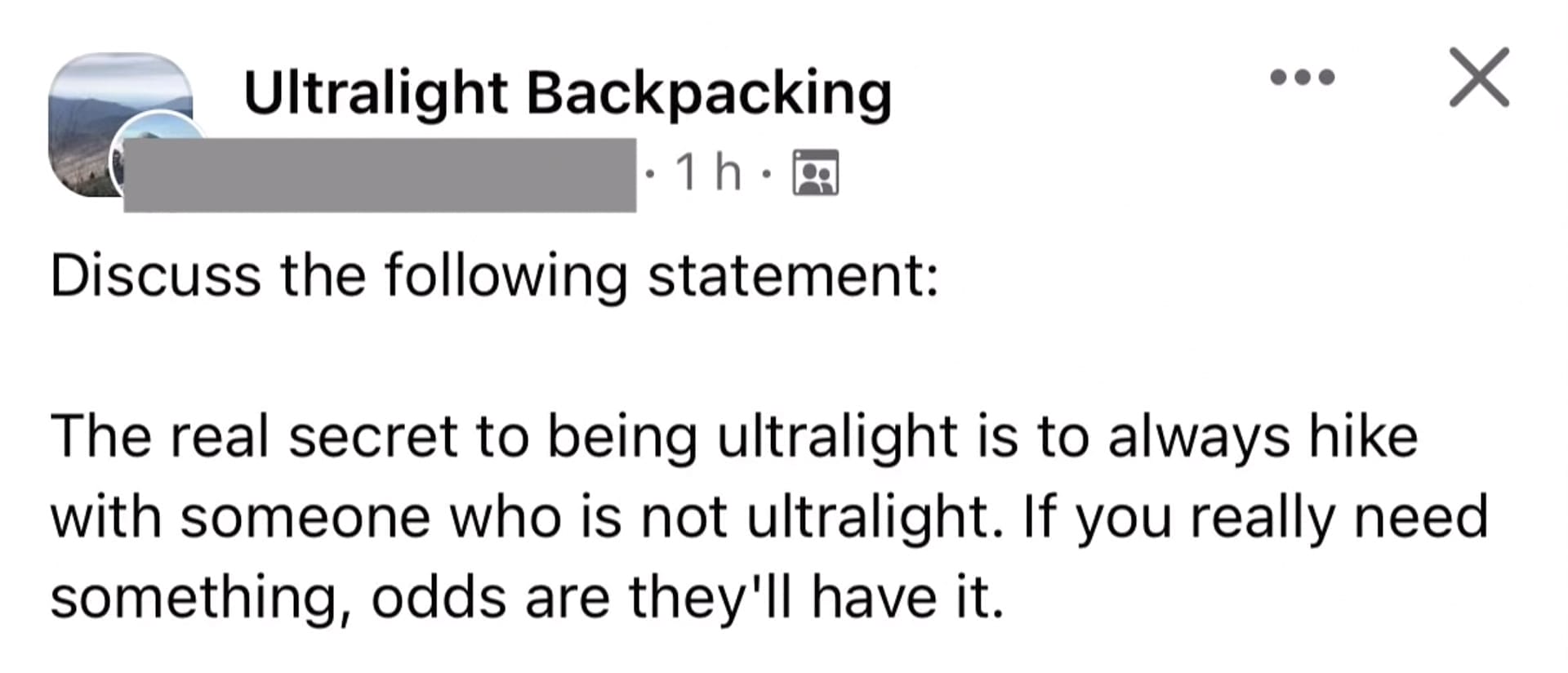 I Hiked the Larapinta Trail Solo With a 28kg Pack & Wouldn't Change a Thing, bree townsend, larapinta trail, northern territory hike, solo hiking, screenshot of facebook post on the ultralight backpacking ground