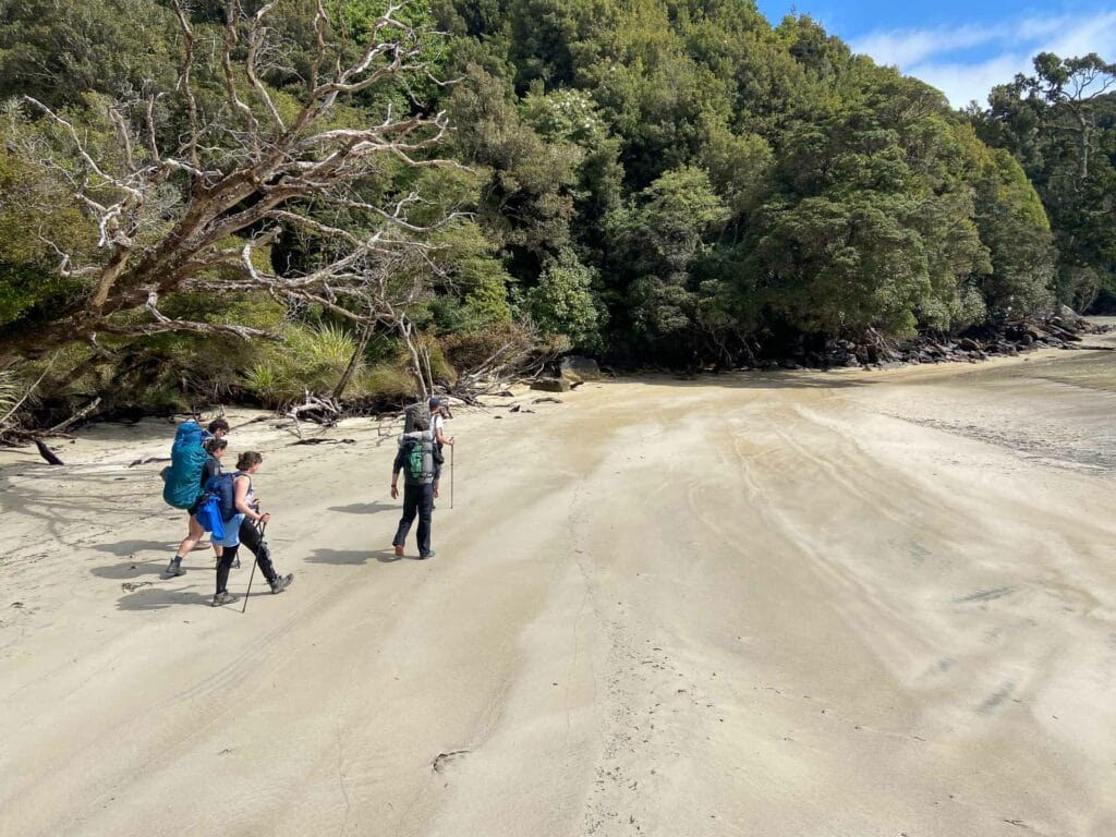 The Rakiura Track Is the Most Serene of New Zealand’s Great Walks, Photo by Pippa Salmon, New Zealand, New Zealand South Island, NZ hikes, multi-day hike, hikers walking on coastline along the rakiura track