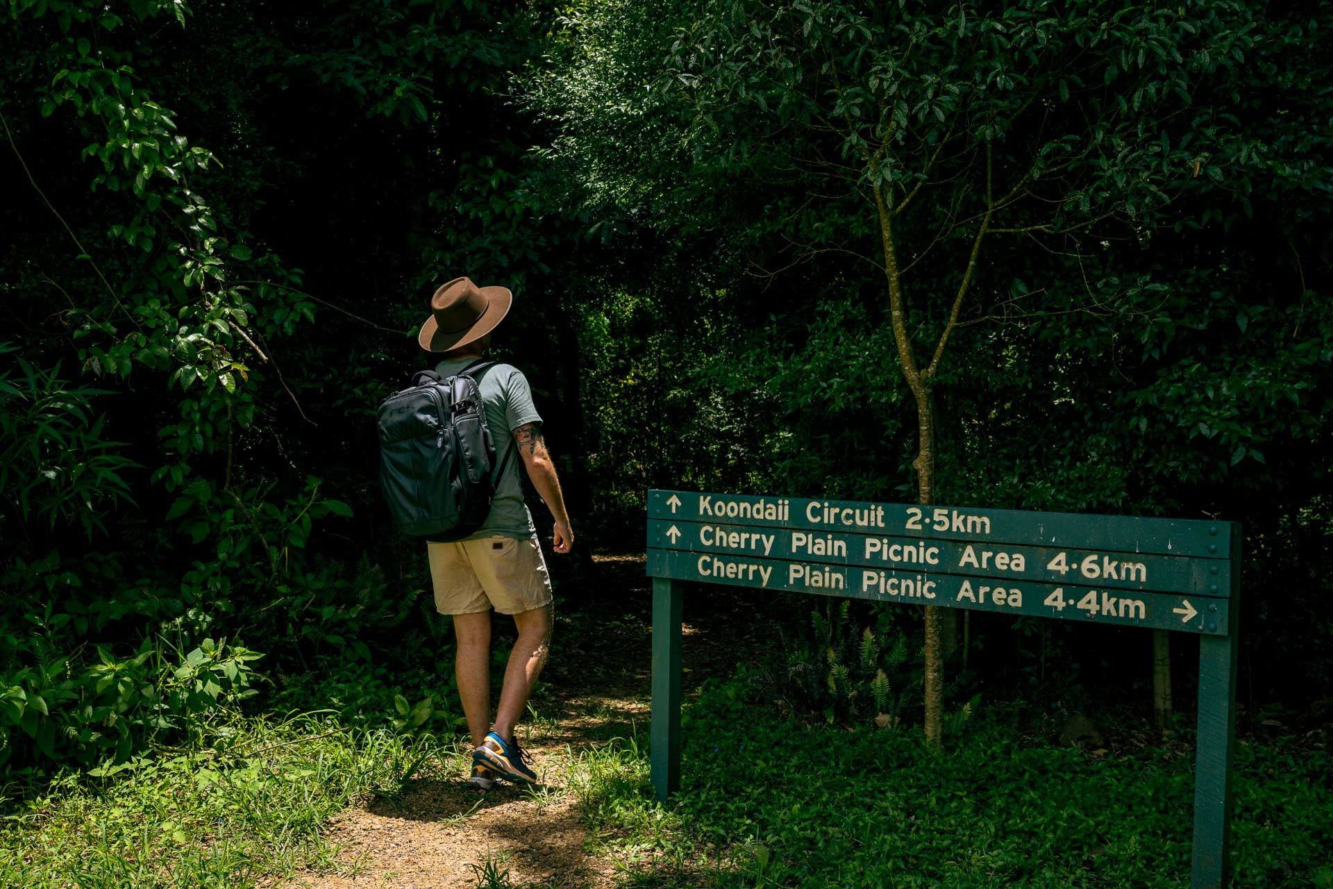 All the Adventures We Unearthed on a Trip to Southern Country Queensland, Photo by Rian Cope, queensland, southern queensland country, road trip, hiker at the sign for kondaii circuit in the bunya mountains
