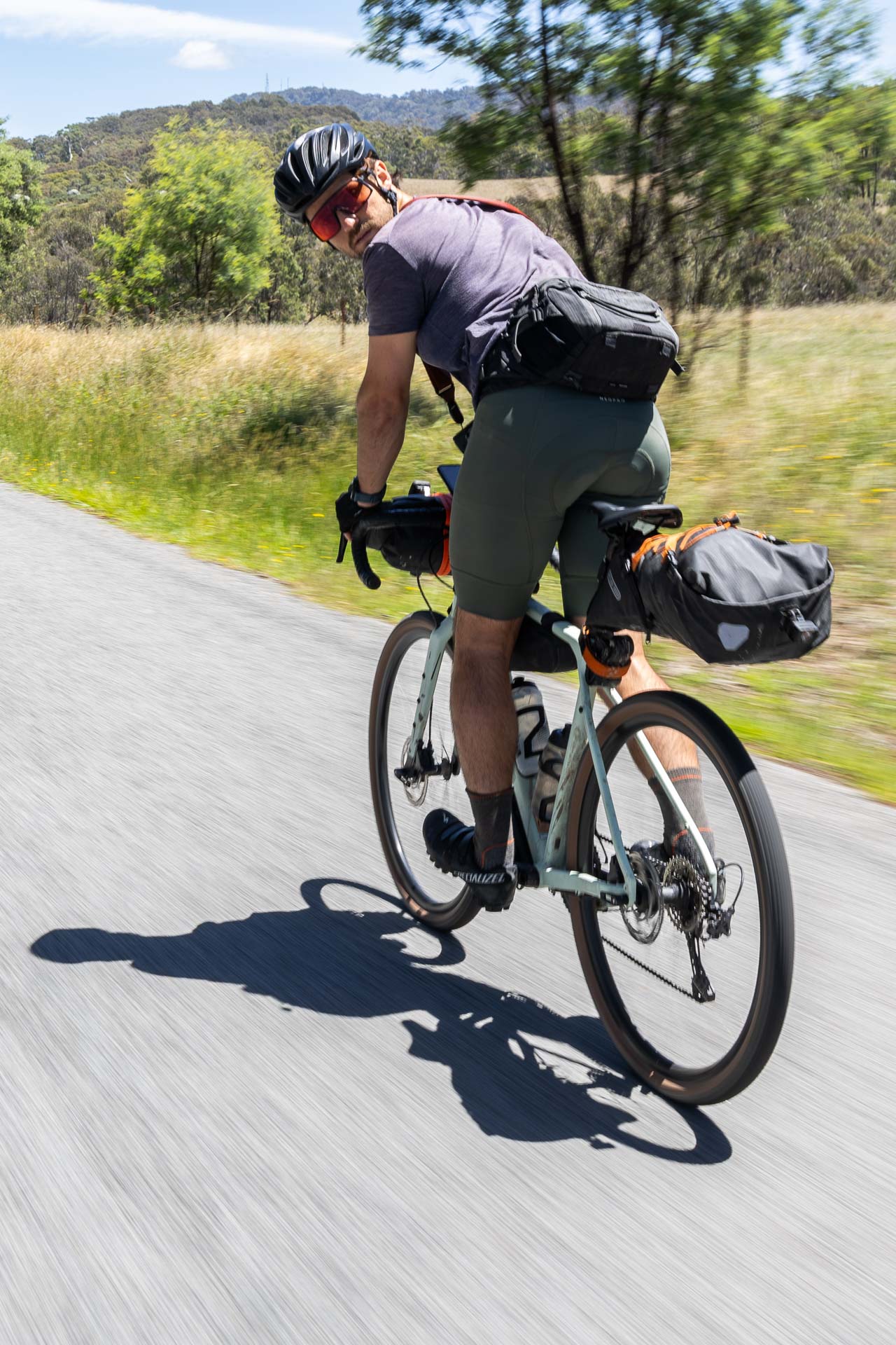 Our Bikepacking Trip Through the Strathbogie Ranges in Central Victoria, shot by @_lachiet, gravel, road, blue sky, cyclist, sunglasses, bikepack, 