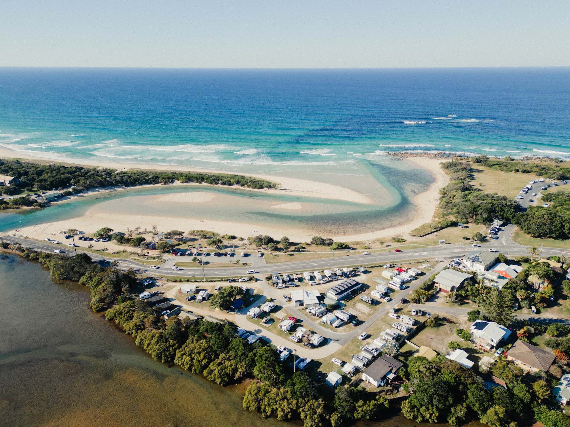 This 24km Fingal Heads to Pottsville Walk Traverses NSW’s Most Northern Beaches, photo by Tweed Holiday Parks, Hastings caravan park, aerial shot, beach, ocean