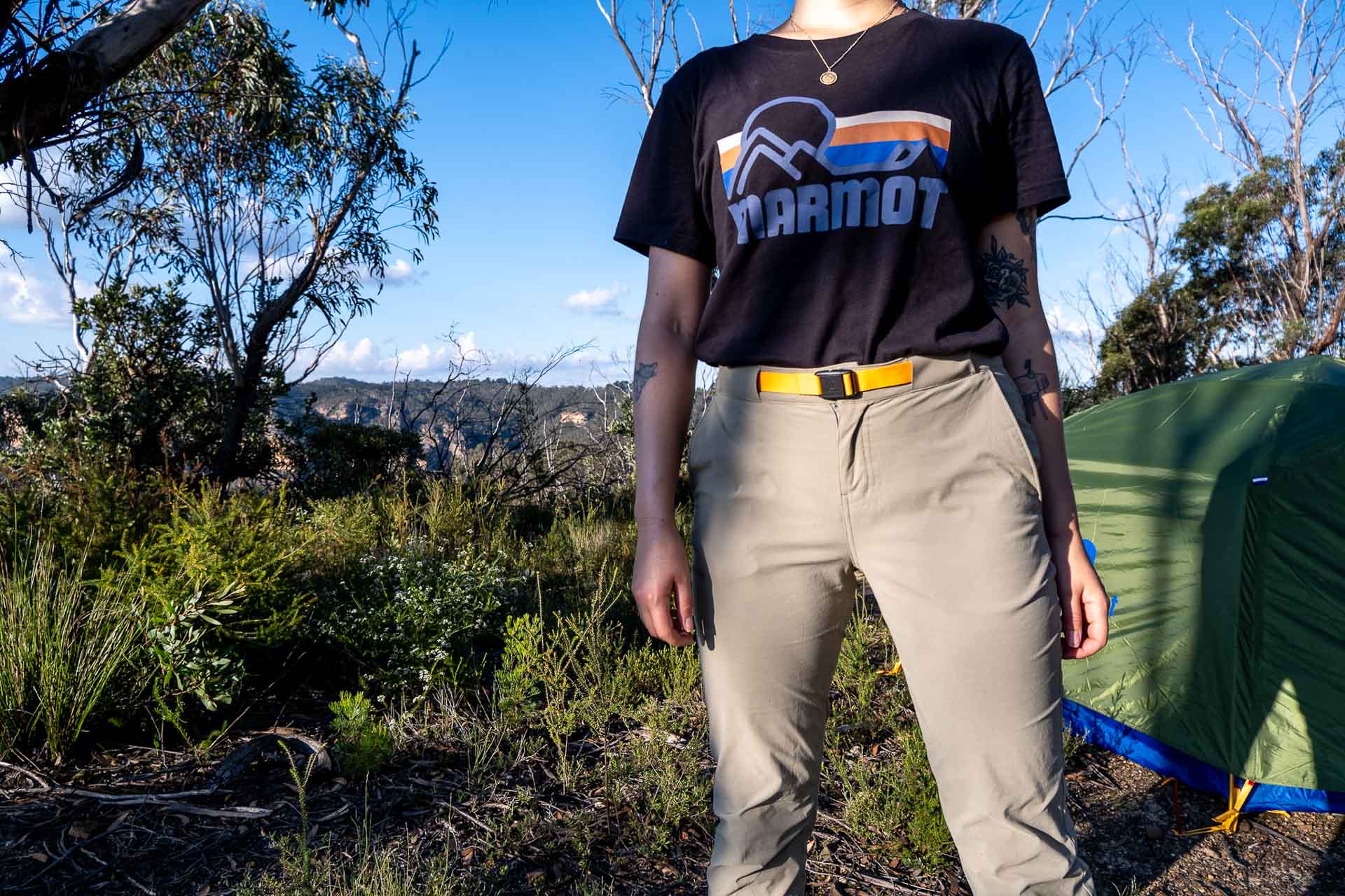 We Took Marmot's New Tents, Sleeping Bags, & Jackets Out Bush, Sian Brain, Women’s Kodachrome Pant, Coastal Tee