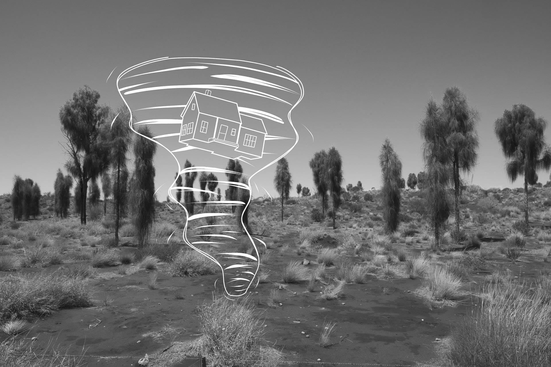Not In Kansas Anymore: Reflections of a Yank Travelling Through Australia, Photo by Hugo R. Adumas, Drawing by Brem Bok, black and white photo with tornado illustration over it