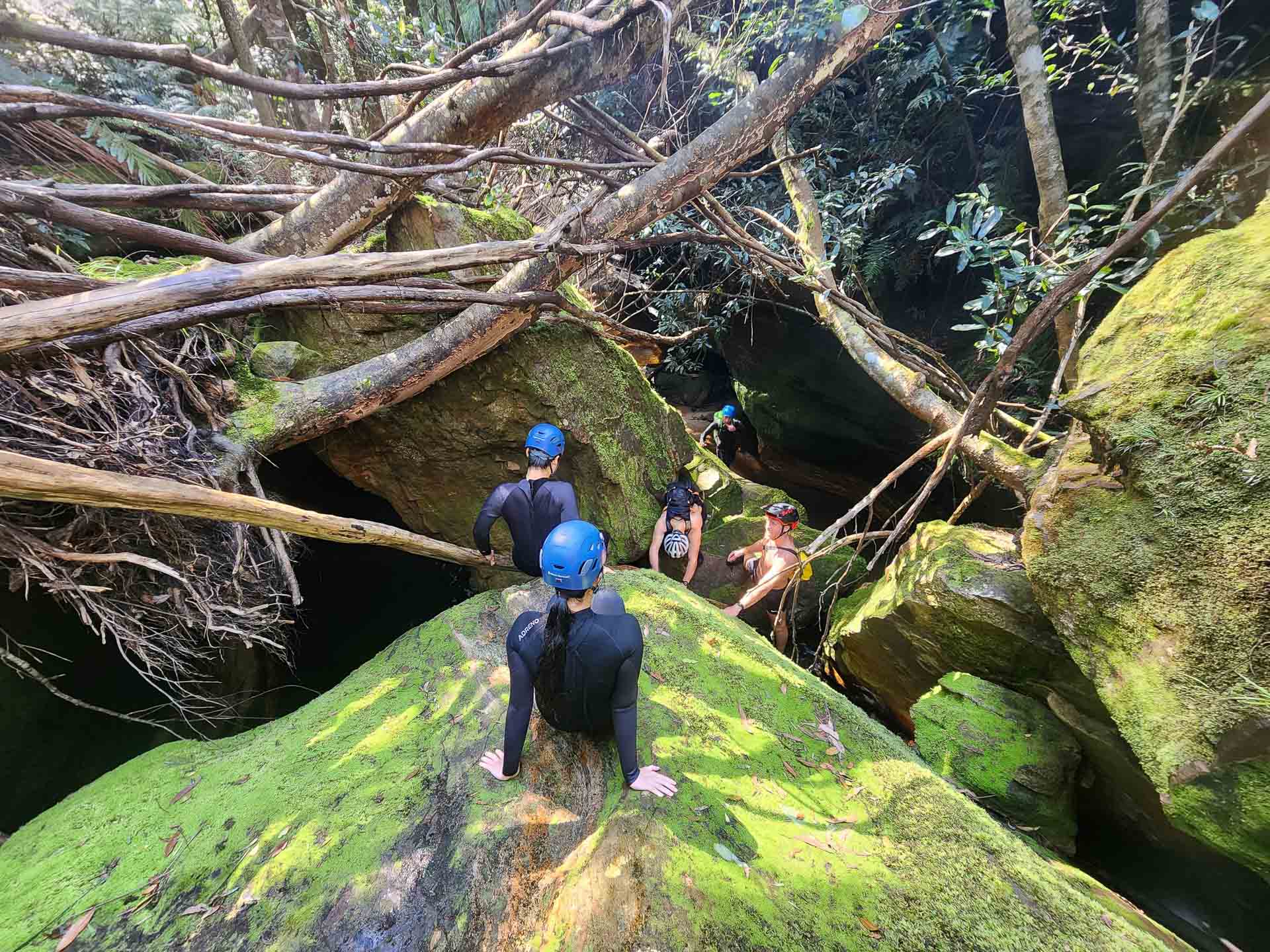 Hat Hill Canyon - One of the Blue Mountains' Best Kept Secrets, NSW, Canyoning, Photos by Connor Fisher, hikers, forest, green moss, river, helmet,