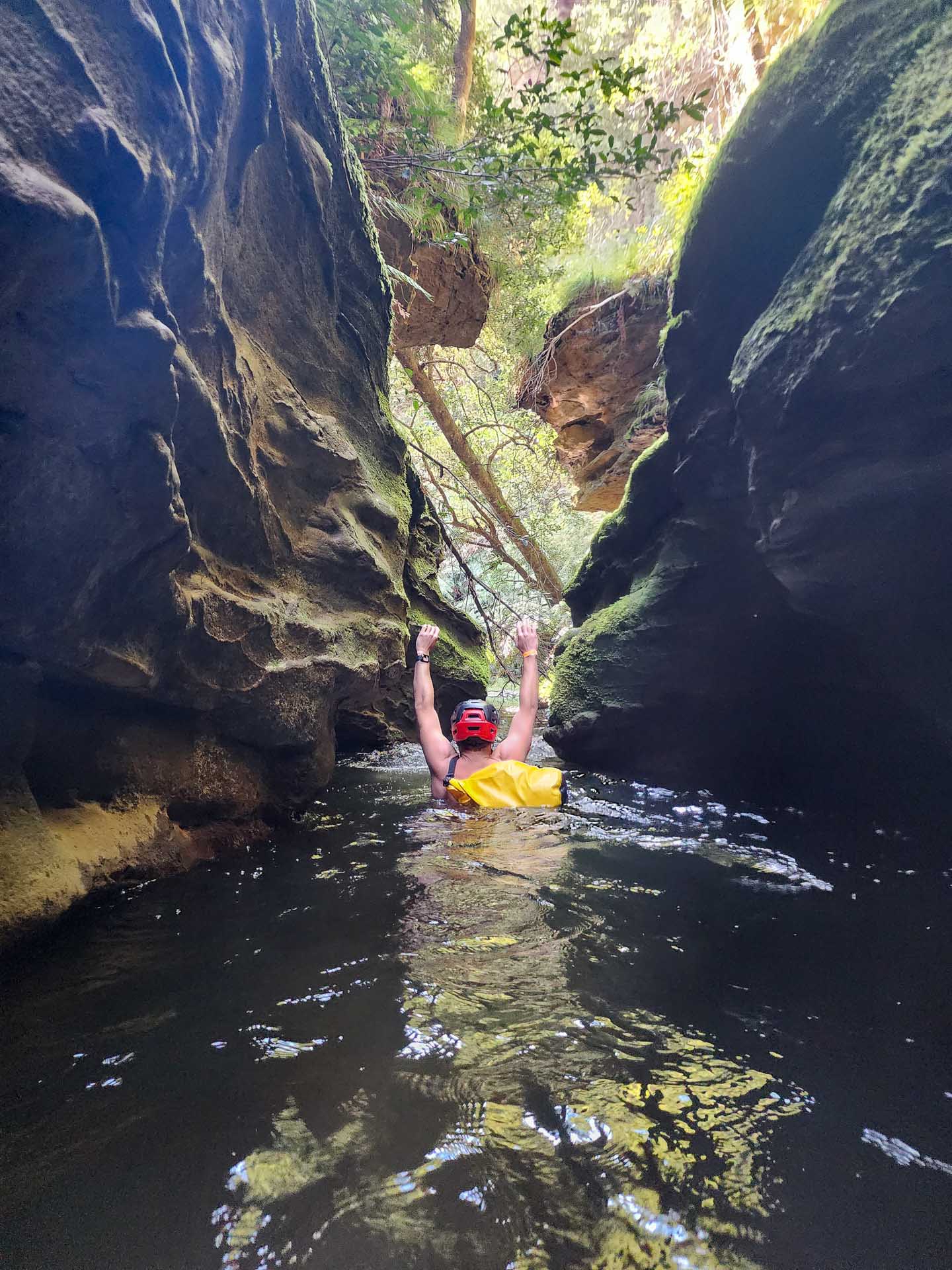 Hat Hill Canyon - One of the Blue Mountains' Best Kept Secrets, NSW, Canyoning, Photos by Connor Fisher, hikers, forest, green moss, river, helmet,