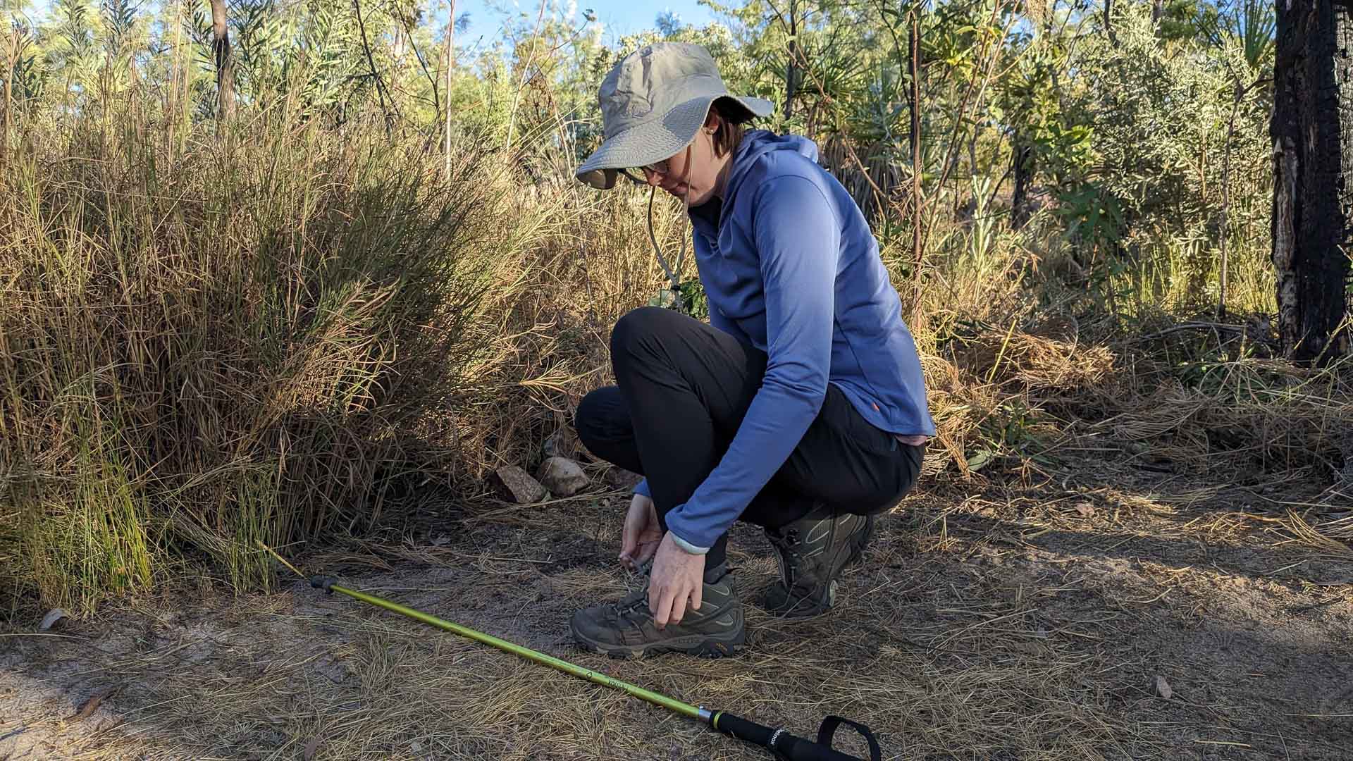 How Do Cheap Hiking Clothes Perform on the Trail?, Photos @jessleenheme, fast fashion, jatbula trail, shoelaces, hiking hat, hiking pole