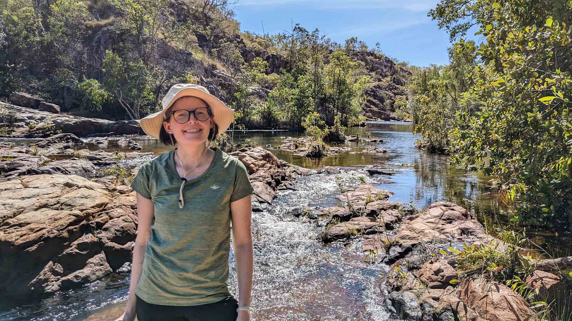 How Do Cheap Hiking Clothes Perform on the Trail?, Photos @jessleenheme, fast fashion, jatbula trail, hiker, river, rocks, smile
