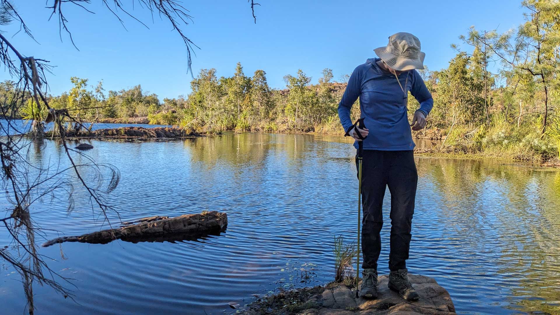 How Do Hiking Clothes Perform on the Trail?, Photos @jessleenheme, fast fashion, jatbula trail, hiking hat, hiking pole, river