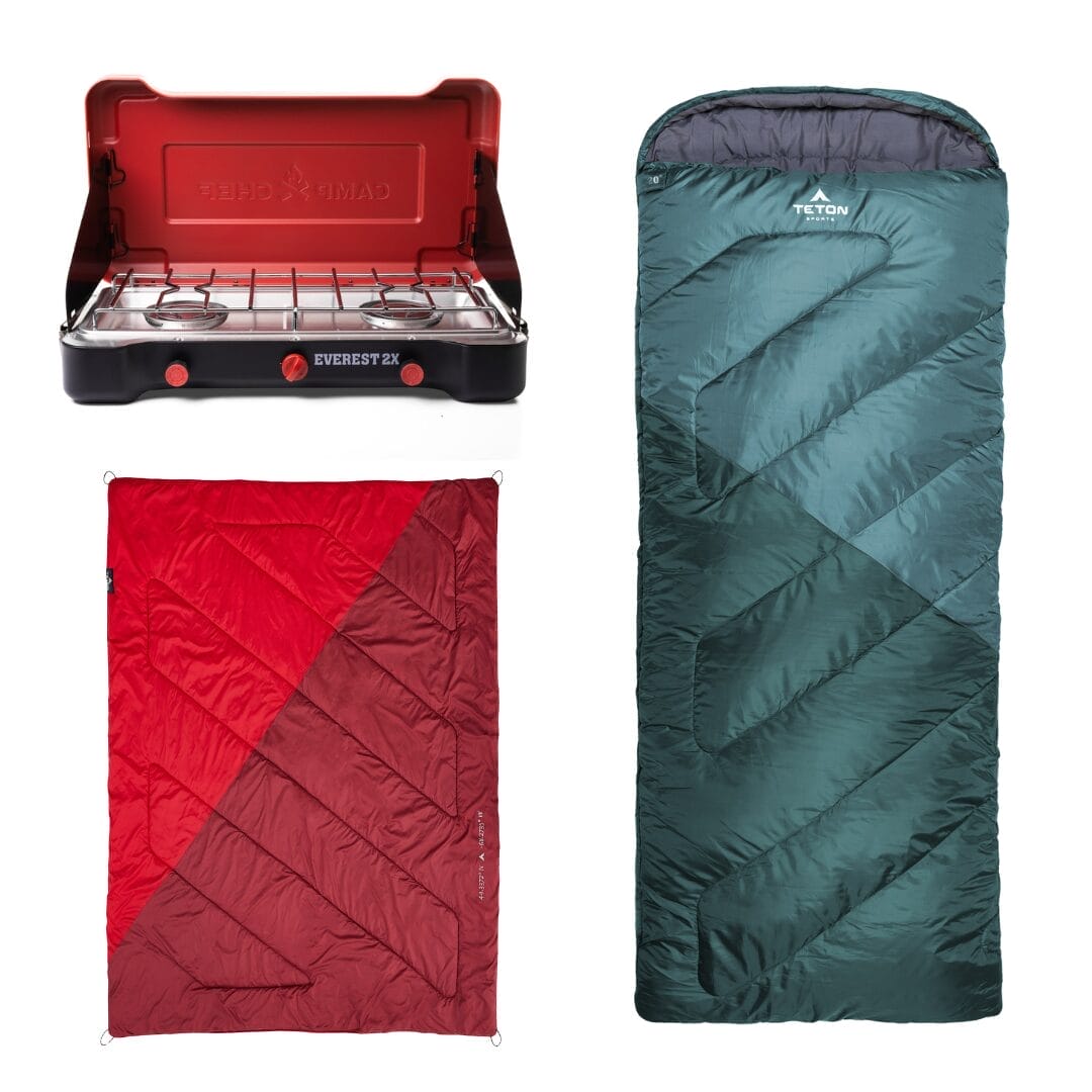 Camp Chef Everest 2X Campstove, Teton Sleeping Bag, and Teton Double Camp Blanket 