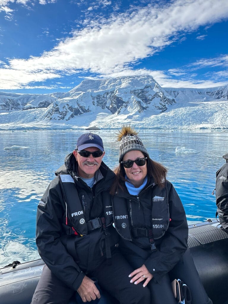 AJ and LJ in a Zodiac in Charlotte Bay