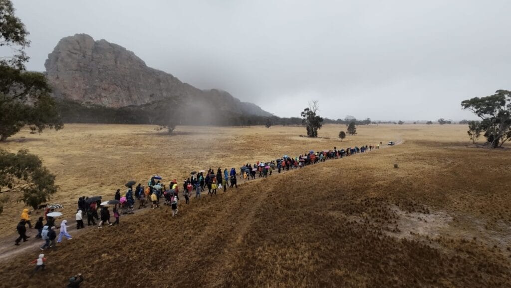 Local community and climbers gathered for the Shared not Shut vigil at Dyurrite.