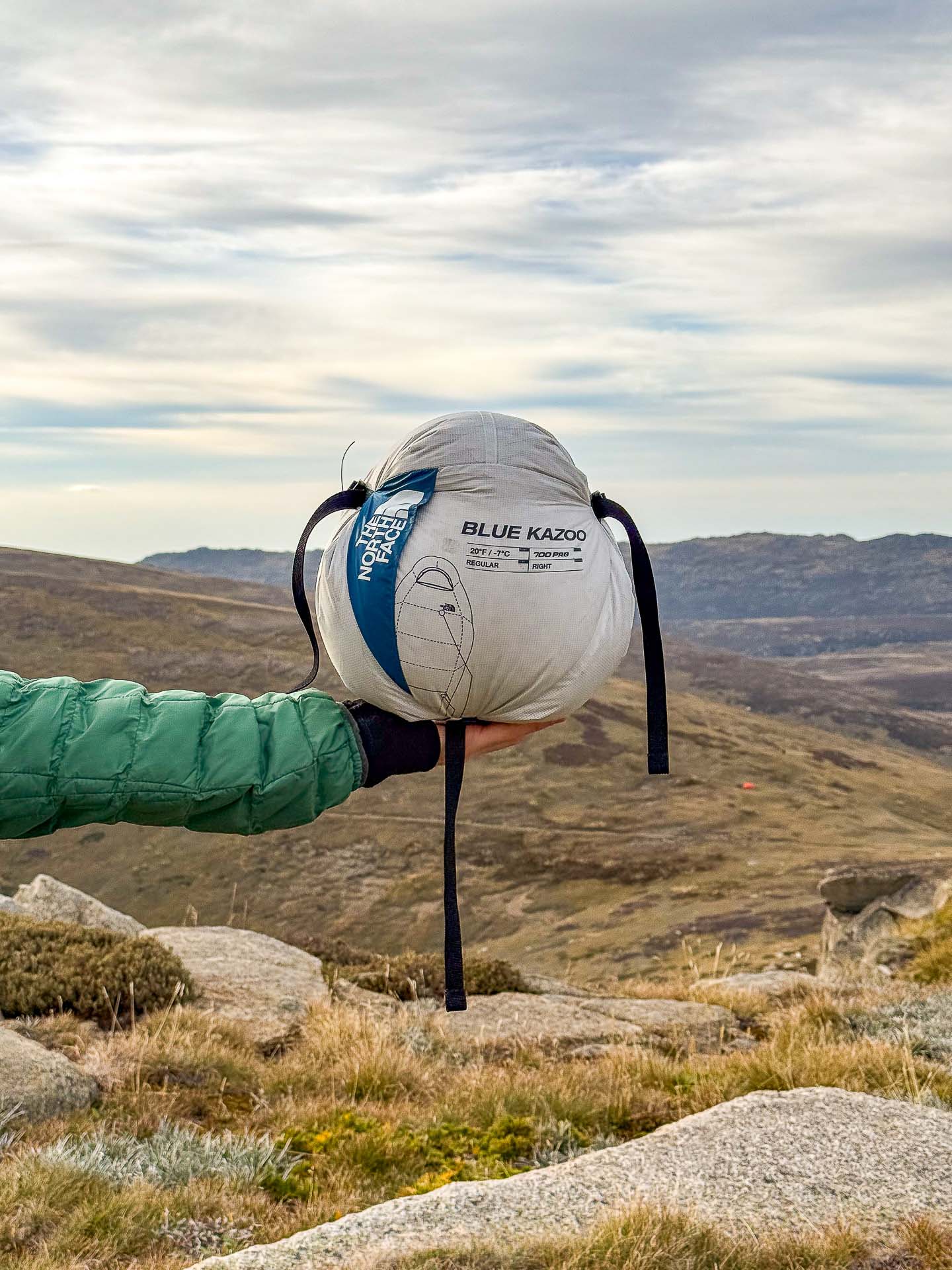 The North Face Blue Kazoo Sleeping Bag – Reviewed & Tested , Claire Dalton, kosciuszko national park, main range, camping, sleeping bag, tent, packed sleeping bag