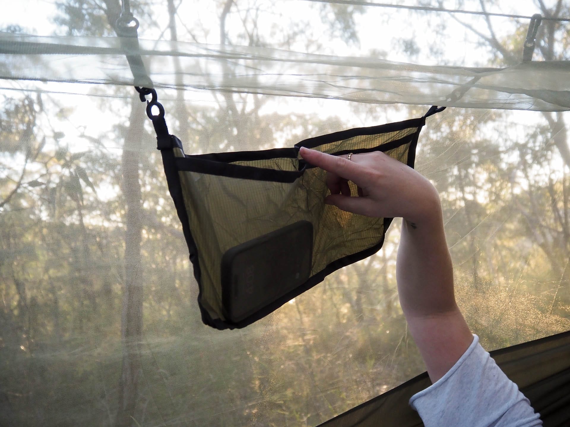 Alton Ultralight Camping Hammock Set – Reviewed & Tested, Anna Wall in hammock, photo by Tim Ashelford, sunset