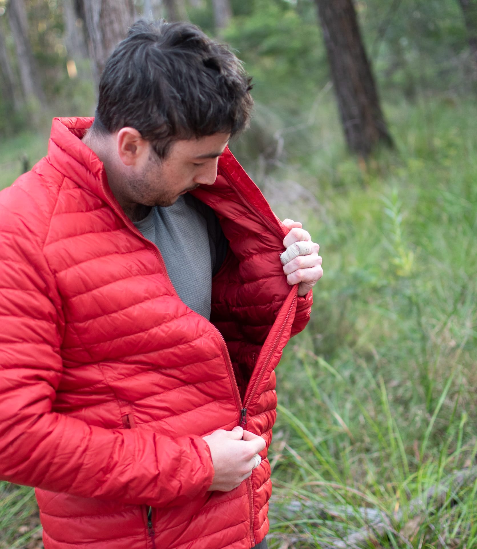 Kathmandu Heli Down & Insulated Jackets – Tested & Reviewed, photos by Andrew Moore, model Aidan Howes, camping, puffer jackets, red