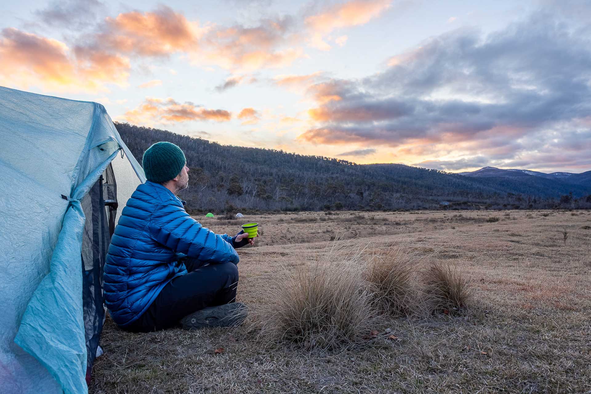 Mont Xen LT Softshell Pants – Reviewed & Tested, bimberi wilderness, jon harris, ACT, sitting, sunset, puffer jacket