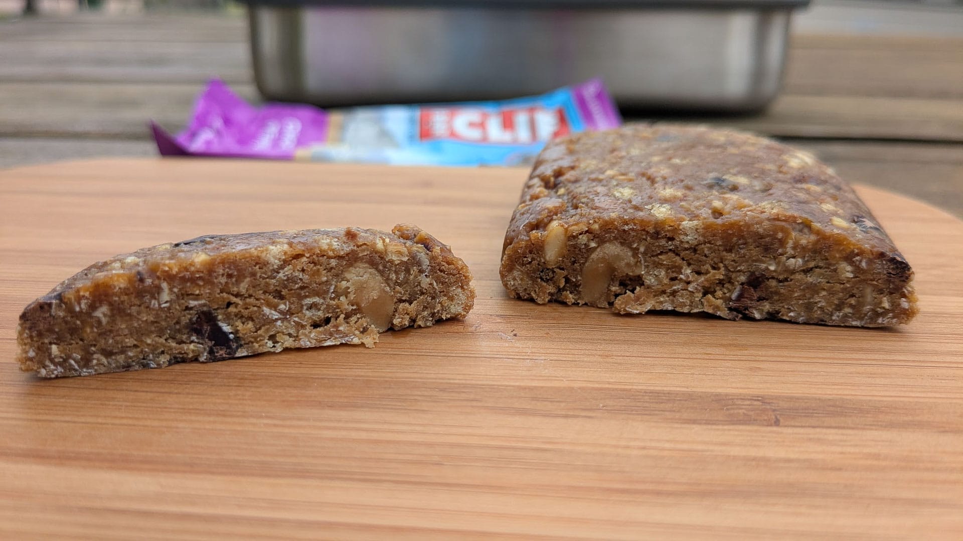 First Look at New CLIF Bar & Energy BLOK Flavours – Tested by The Hiker’s Nutritionist, Jess Barlow, chocolate chip peanut crunch, cut in half