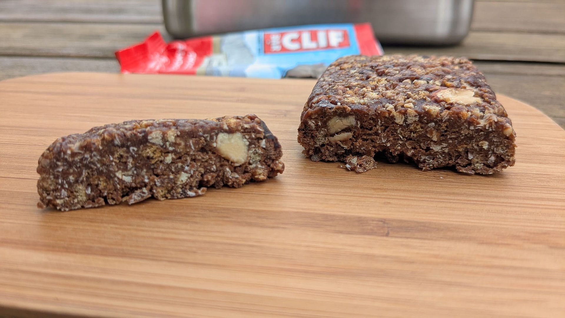 First Look at New CLIF Bar & Energy BLOK Flavours – Tested by The Hiker’s Nutritionist, Jess Barlow, chocolate almond fudge, cut in half