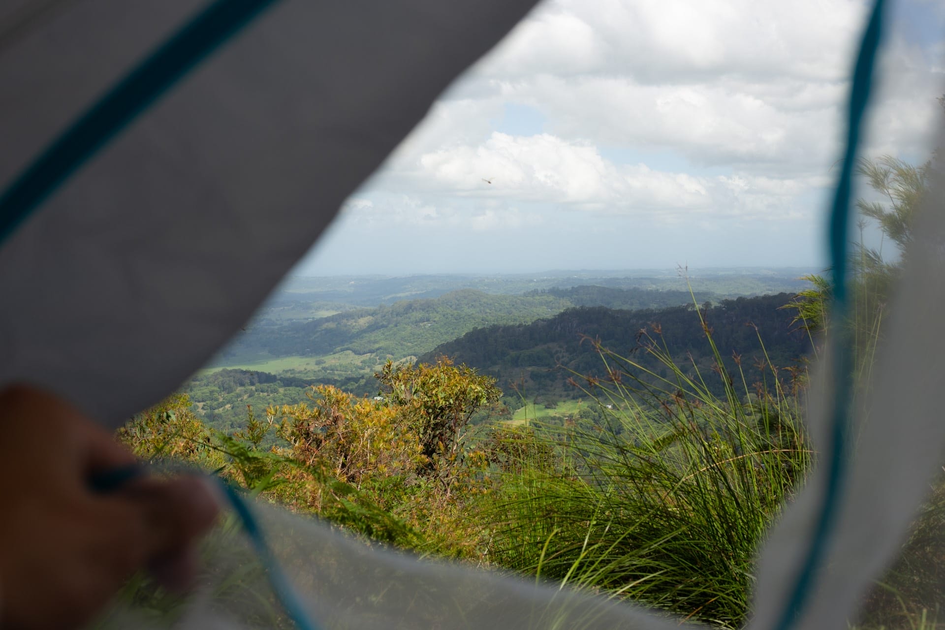 Nemo tent with shell on, looking out, oz backcountry, casey fung, tent, view, clouds