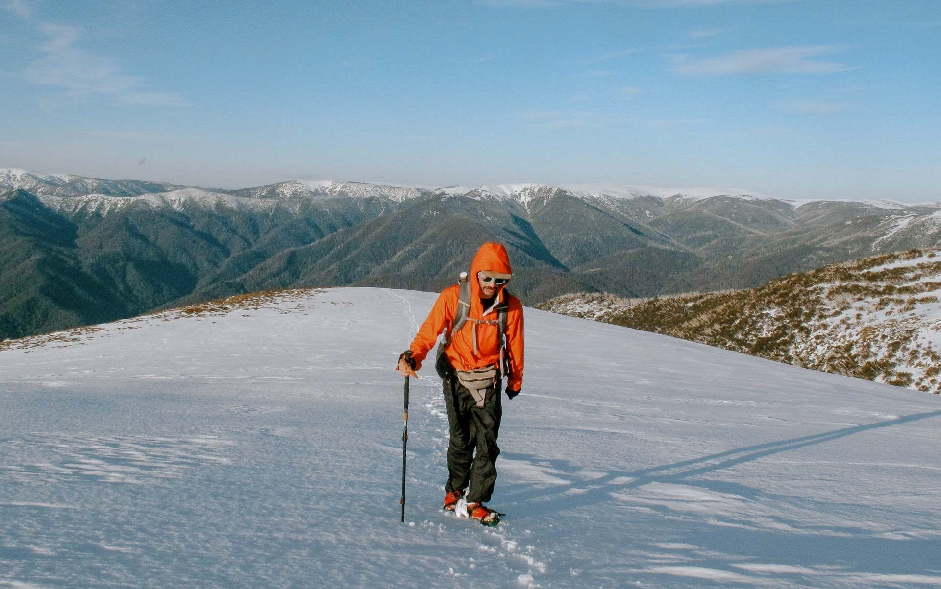 Taylor, Mont Lightspeed Rain Jacket, Fainter North, Victorian High Country, Australia, snowy mountains, hiking, trekking, aerator sandals, winter, by Ryan and Emily