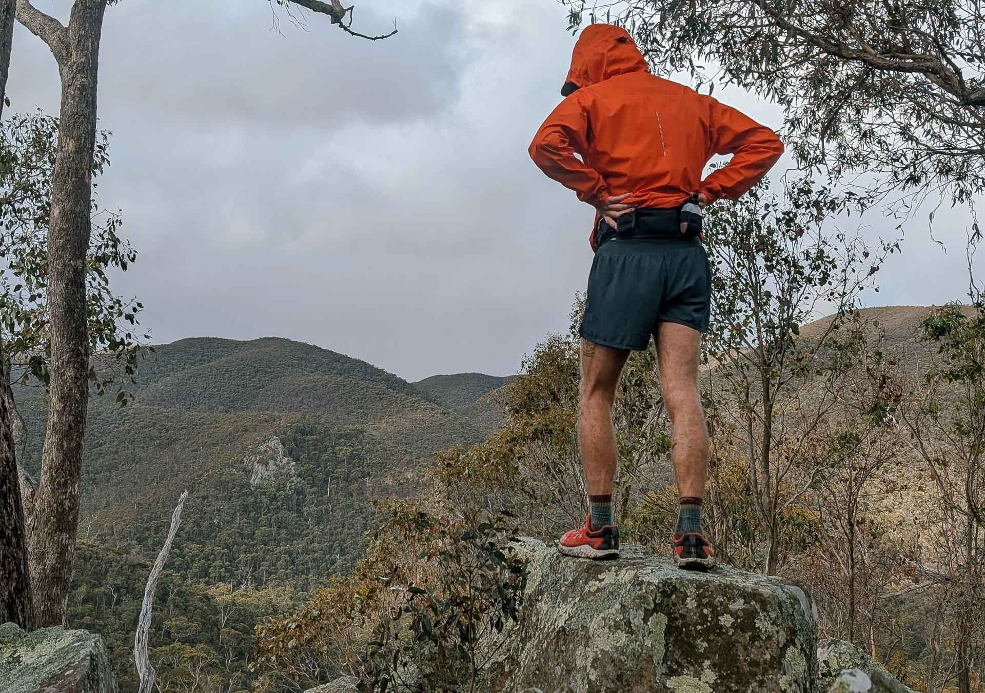 Mont Lightspeed Rain Jacket, by Ryan and Emily, trail runner, mountain view, forest, overcast sky, hiking, outdoor adventure, Victoria, Australian bush