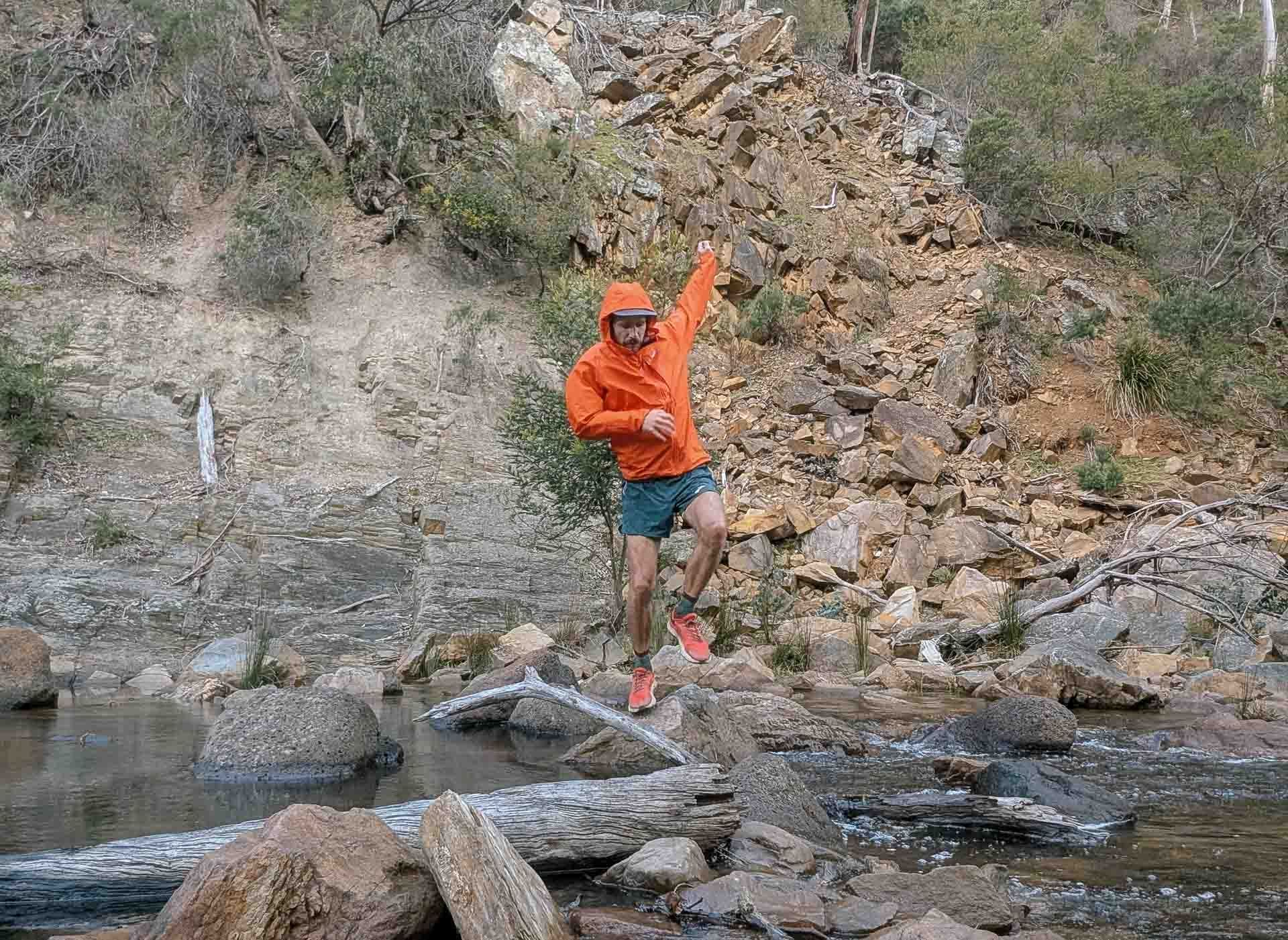 Mont Lightspeed Rain Jacket, Man Jumping, Rocky Stream Crossing, Trail Running, Hiking, Victoria, by Ryan and Emily