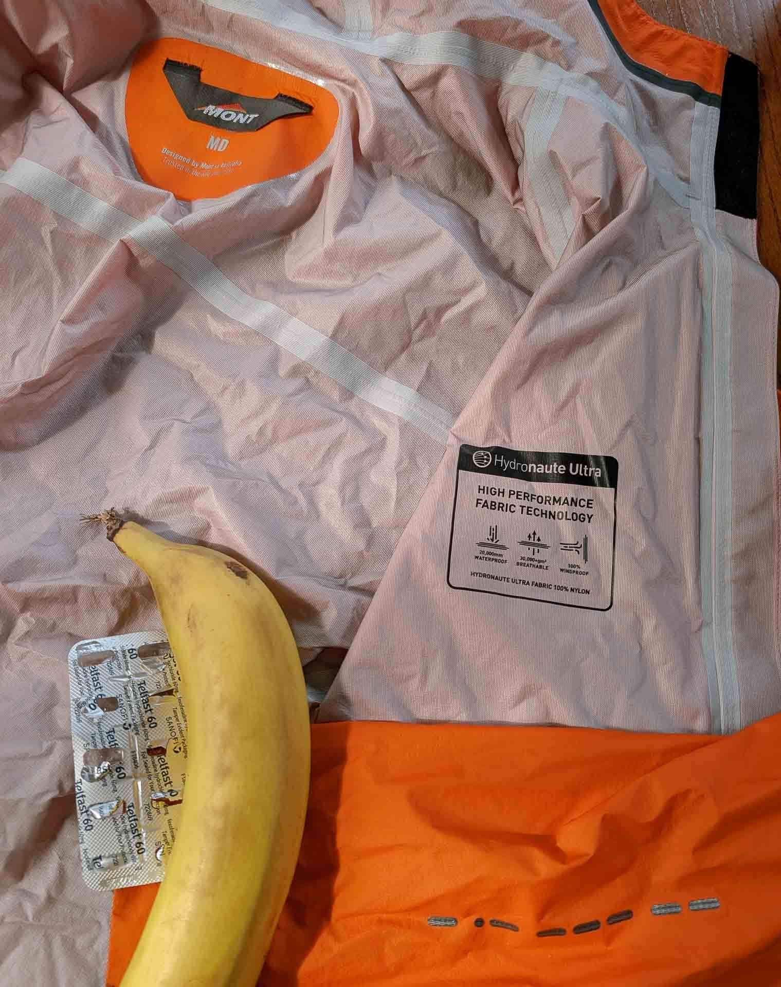 Mont Lightspeed Rain Jacket, by Ryan and Emily, spring survival kit, Victoria, ultralight, waterproof, breathable, banana, Telfast 60