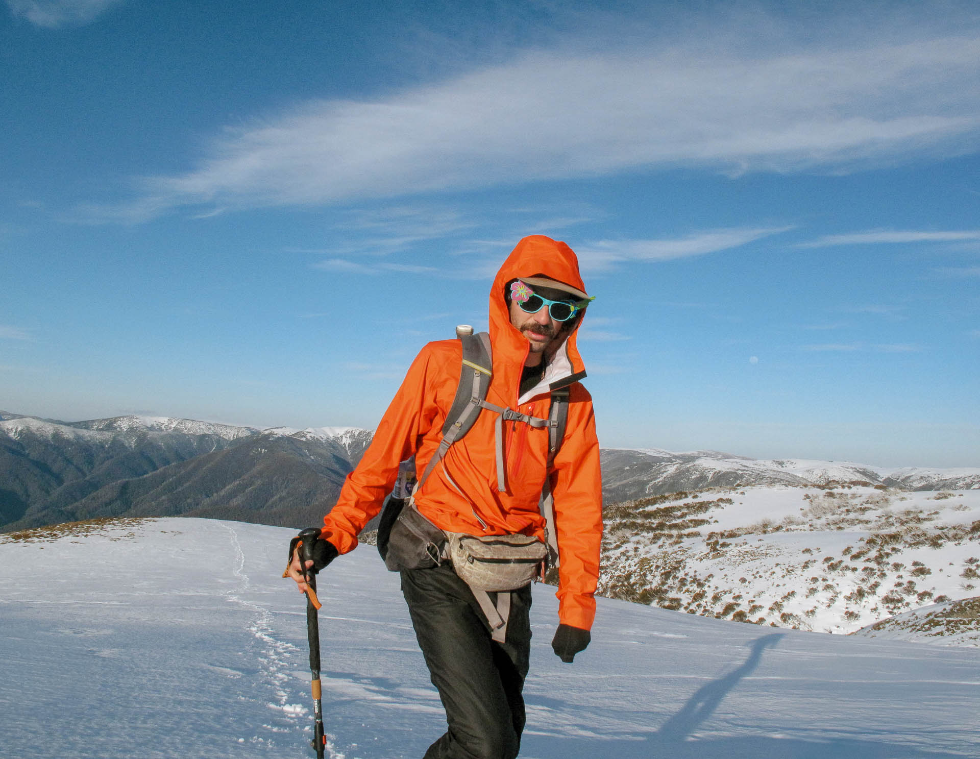 Taylor, Mont Lightspeed Rain Jacket, Fainter North, Victorian High Country, Australia, snowy mountains, hiking, trekking, aerator sandals, winter, by Ryan and Emily
