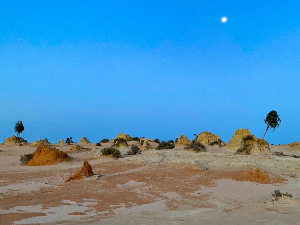 Lake Mungo National Park, by Pat, full moon, twilight sky, desert landscape, ancient lunettes, Aboriginal heritage