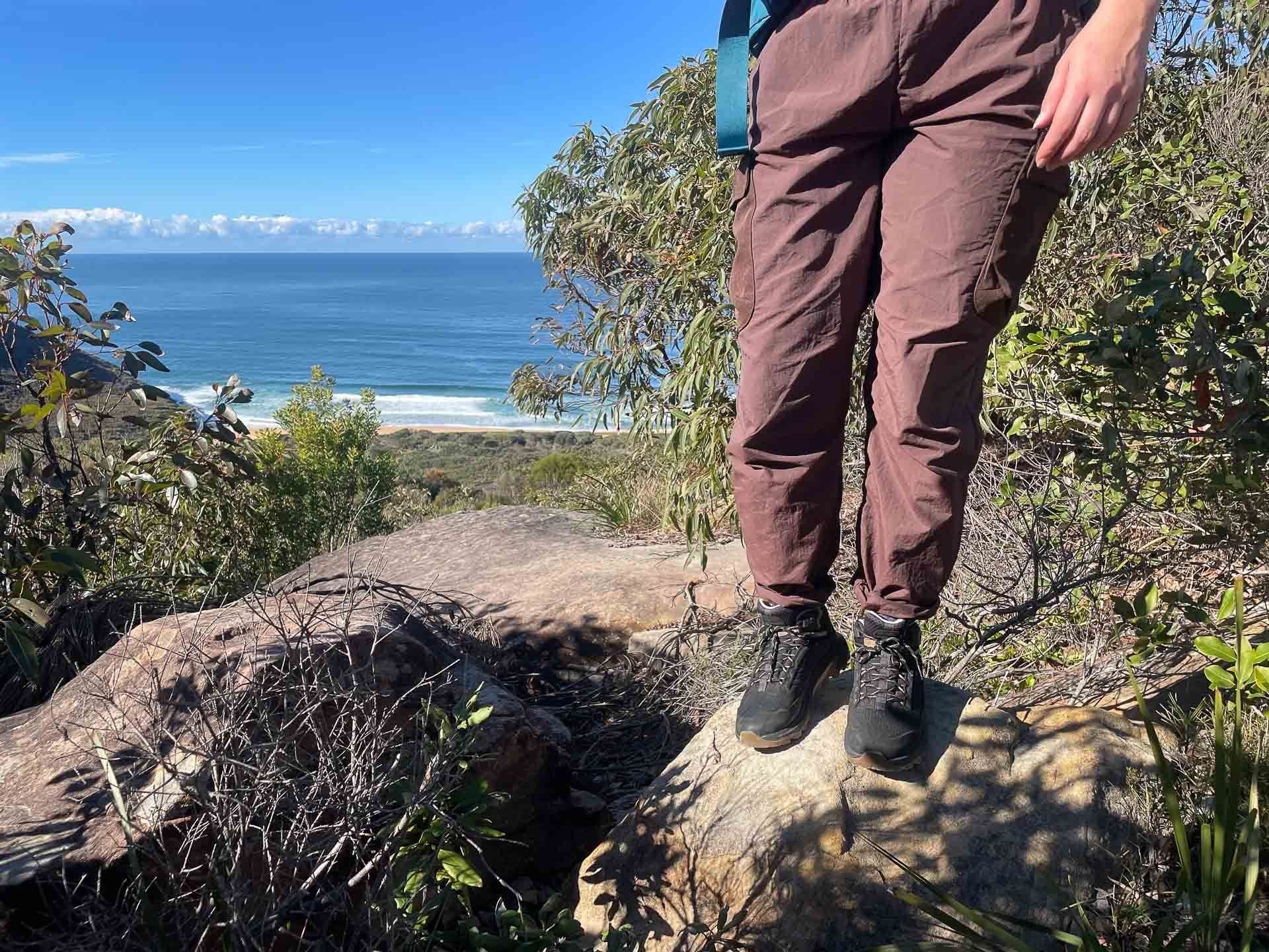 Merrell Moab Speed 2 Mid Leather Hiking Boots, by Explorer Julia, coastal hiking trail, ocean view, rocky terrain, Australian bush, outdoor adventure