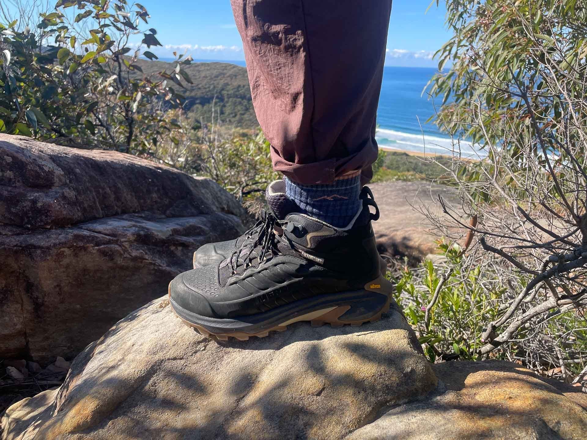 Merrell Moab Speed 2 Mid Leather Hiking Boots, by Julia, coastal hiking trail, rocky outcrop, ocean view, bushland, sunny outdoor adventure, footwear review