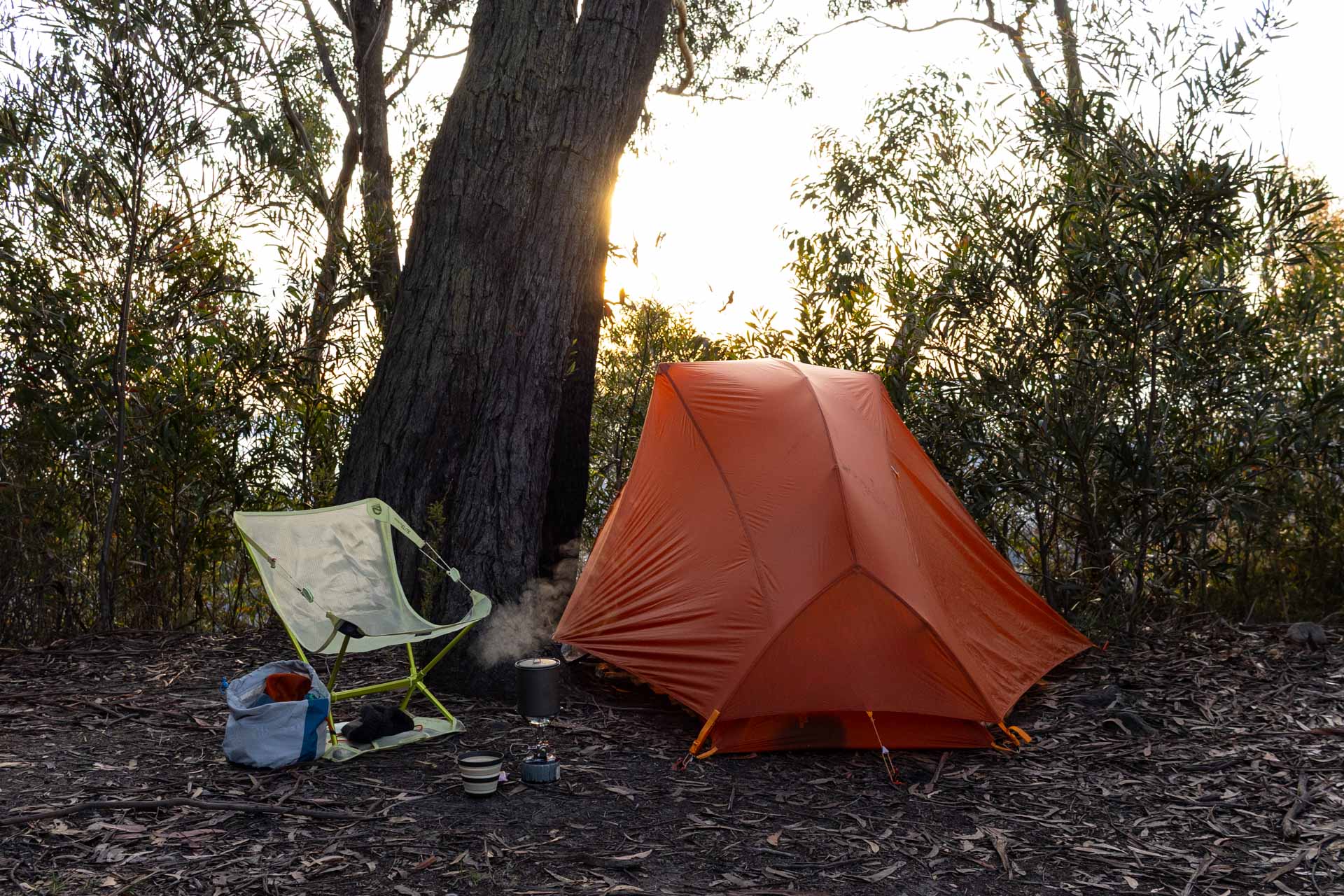 Big Agnes Copper Spur UL1 3 Season 1 Person Hiking Tent – Tested & Reviewed, photo by Tim Ashelford, Splendour Rock, Blue Mountains, chair stove sunset