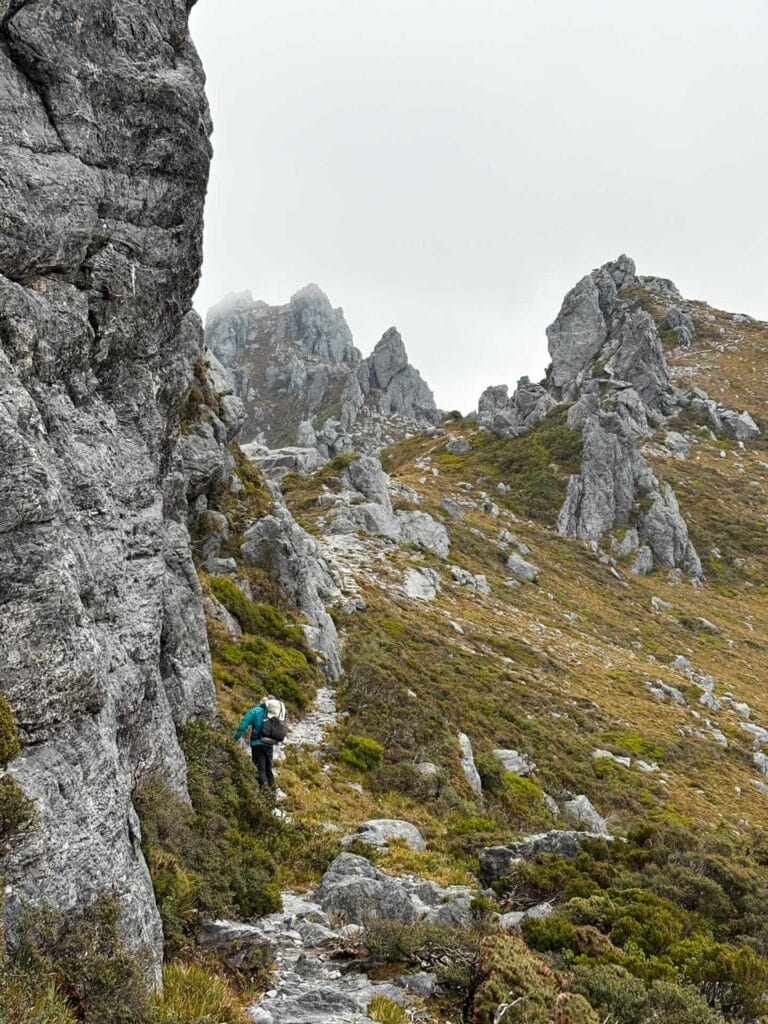 Western Arthurs Traverse, Tasmania, by Mat Young, hiker, rocky mountain trail, exposed peaks, overcast weather, remote hiking, gale force winds