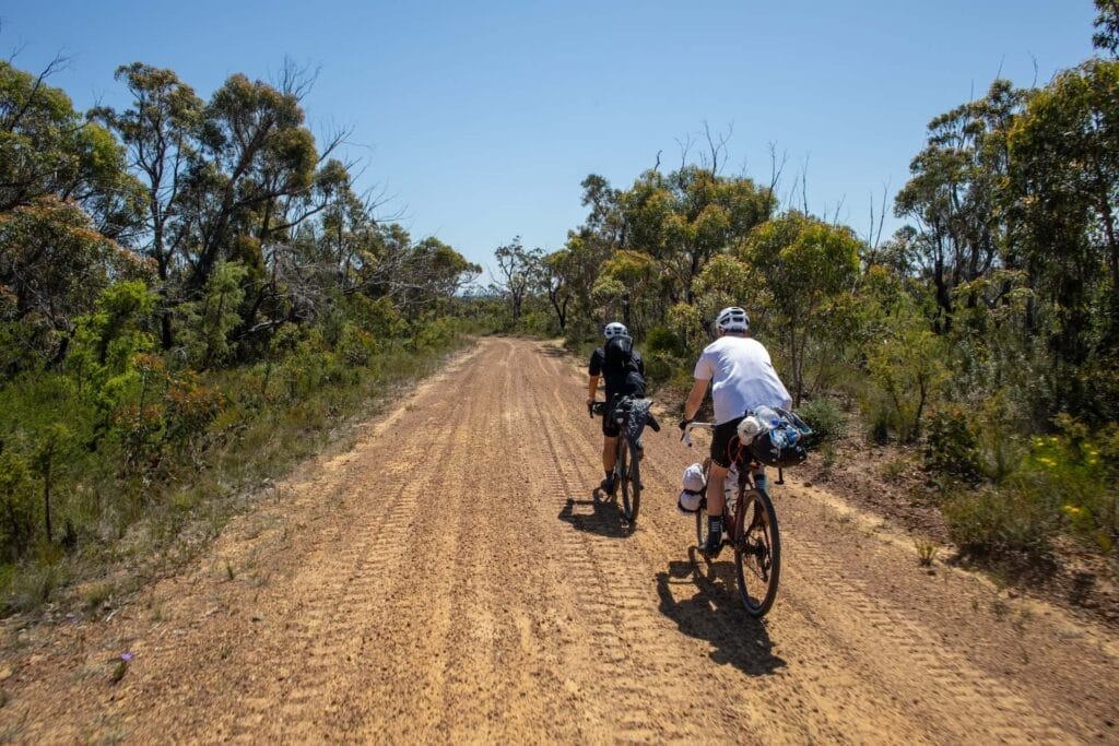 Attack of the Buns bikepacking route, by Mattie J Gould, dirt road, two cyclists, Australian bushland, NSW