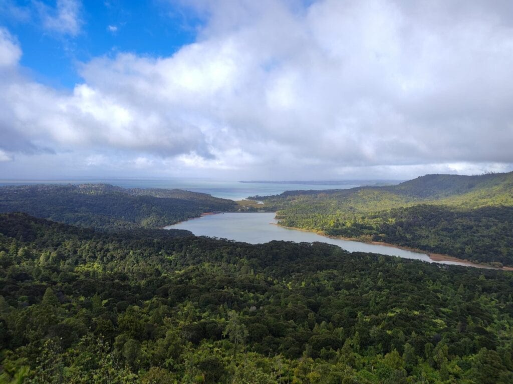Waitā­kere Ranges, Slip Pipeline and Beveridge Track Loop, panoramic view, lush forest, reservoir, coastline, cloudy sky, New Zealand, regional park, hiking, majestical