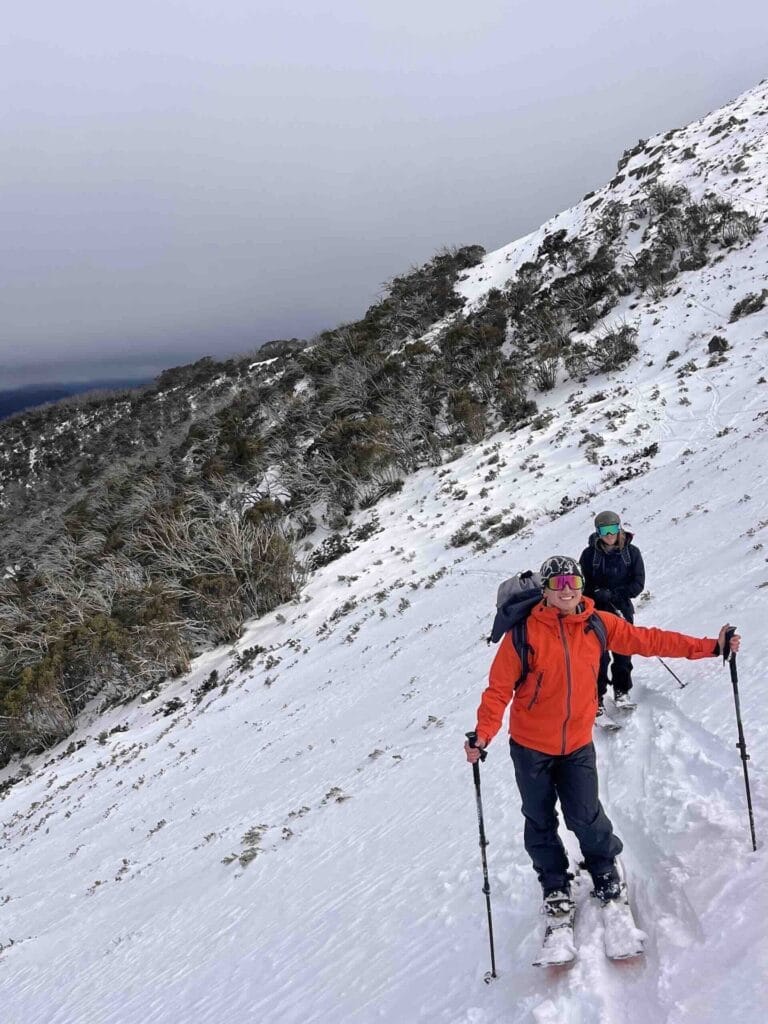 Stanley Bowl Mt Stirling, steep backcountry skiing, ski touring, two skiers, snow gums, Australian Alps, Victoria