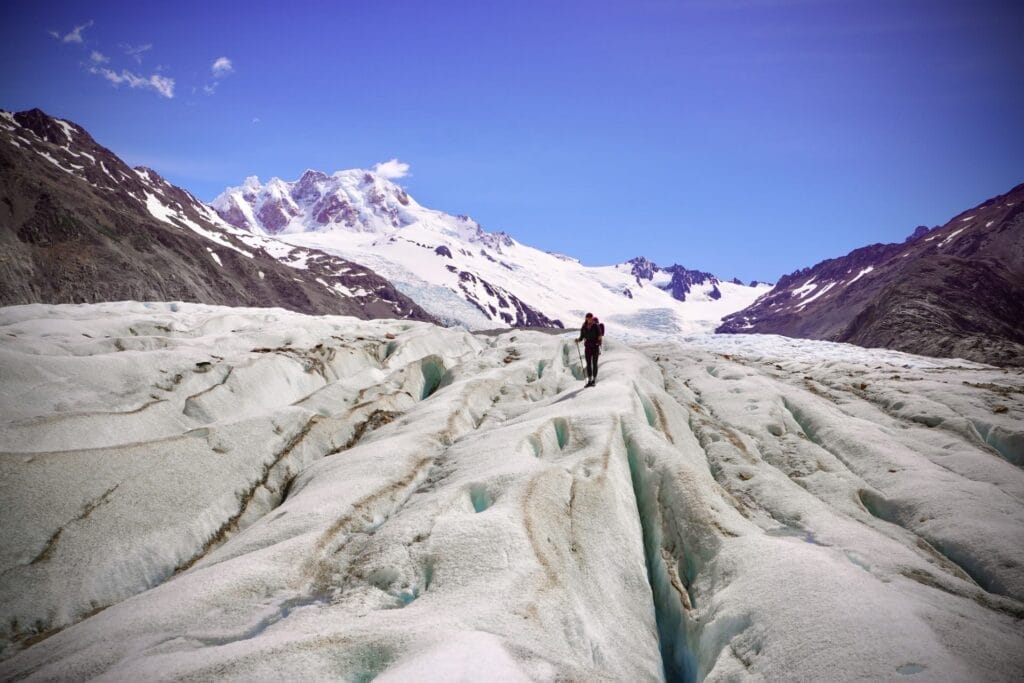 Huemul Trek glacier, Southern Patagonian Ice Field, Los Glaciares National Park, Patagonia, Argentina, by Hayley, hiker, trekking, snow-capped mountains, crevasses, remote wilderness, El Chaltén