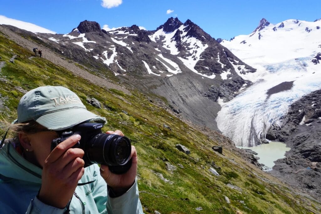 Huemul Trek, Patagonia, Los Glaciares National Park, Argentina, by Hayley, hiker taking photo, Mimi, mountains, Viedma Glacier, glacial lake, remote wilderness