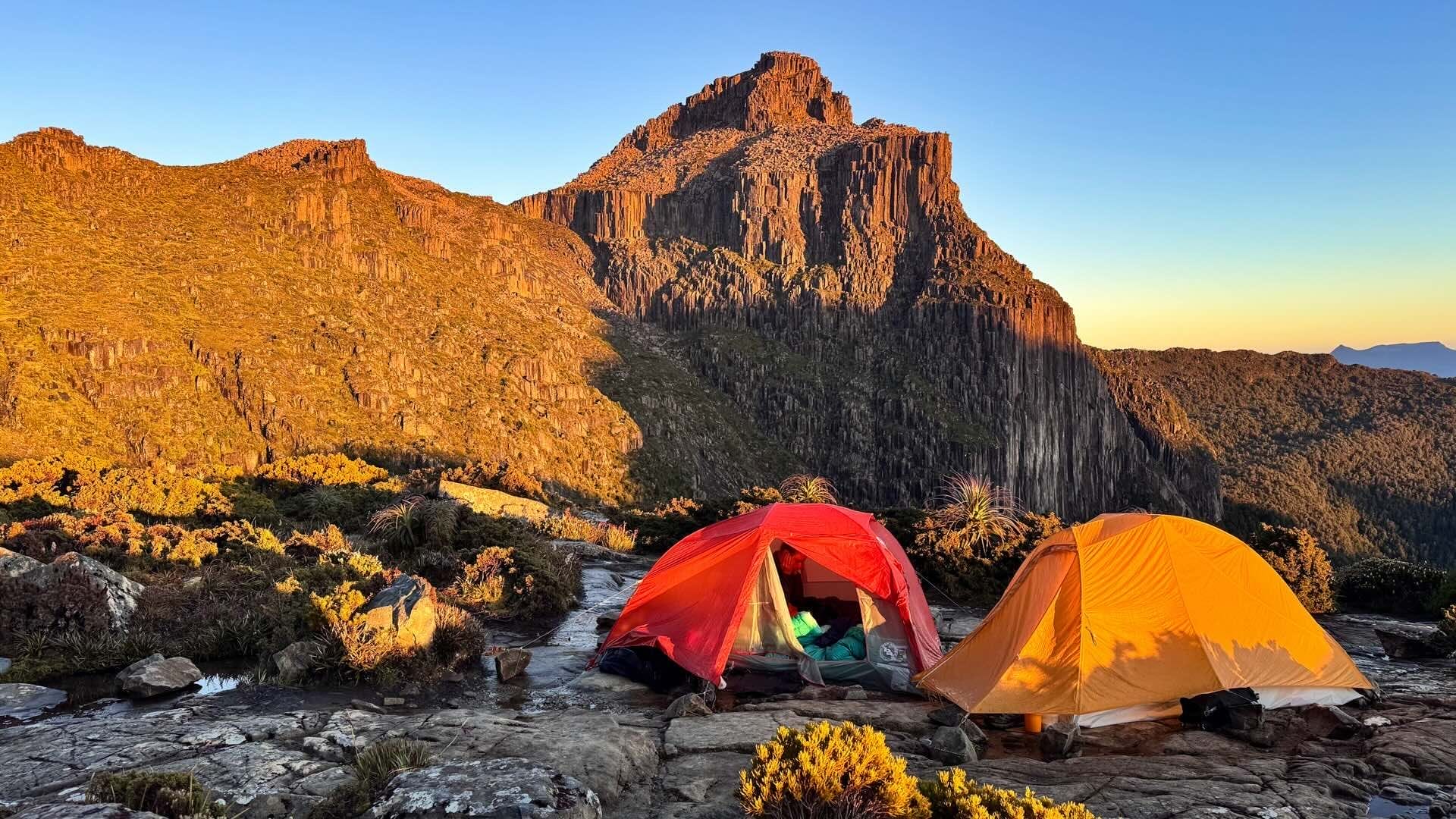 Shelf Camp, Mount Anne, Zofia Zayons, two tents, sunrise, golden light, alpine landscape, multi-day hike, Tasmania, Southwest National Park