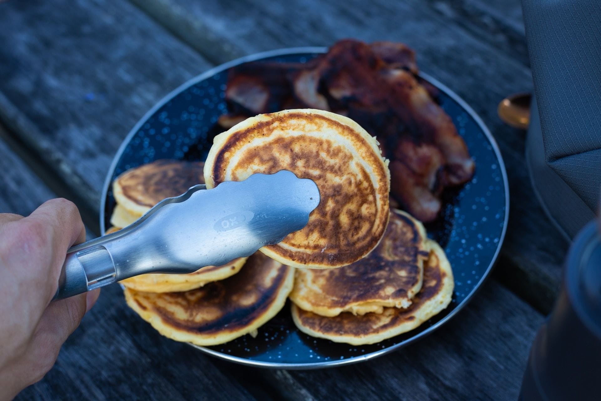 OXO, camping breakfast, pancakes, tongs, bacon, outdoor cooking, camp kitchen equipment
