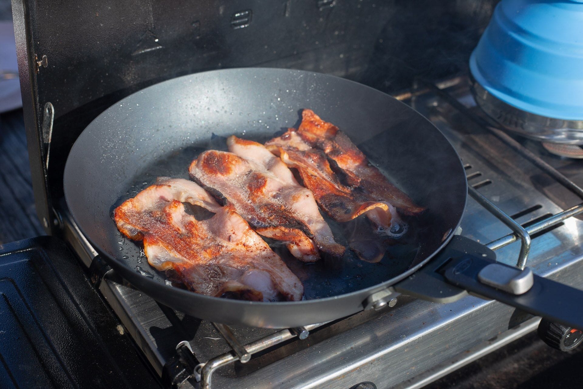 OXO Camp Kitchen, by Casey, Frying Bacon, Portable Camp Stove, Outdoor Breakfast, Carbon Steel Pan, Camping Cookware