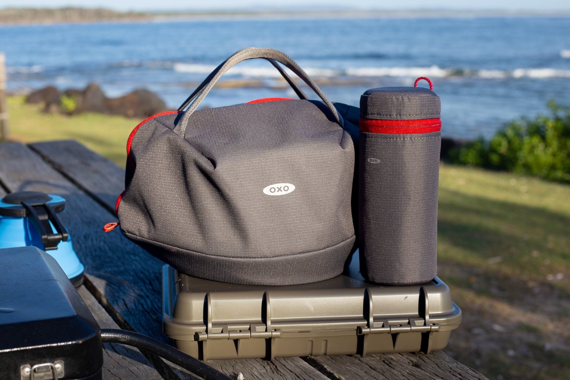 OXO camping gear, camp kitchen equipment, outdoor cooking, travel bags, rapid brewer, cookware set, beach camping, Woody Head Campground