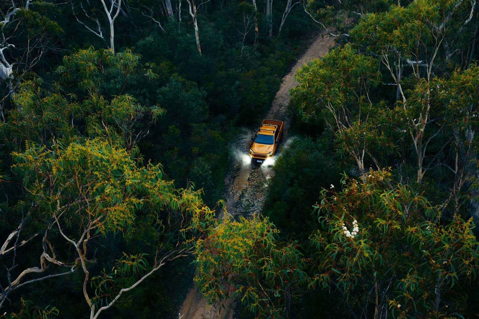 Toyota HiLux, Paul, off-road driving, muddy track, water splash, bright headlights, dense forest, Australian bushland, aerial view, adventure vehicle