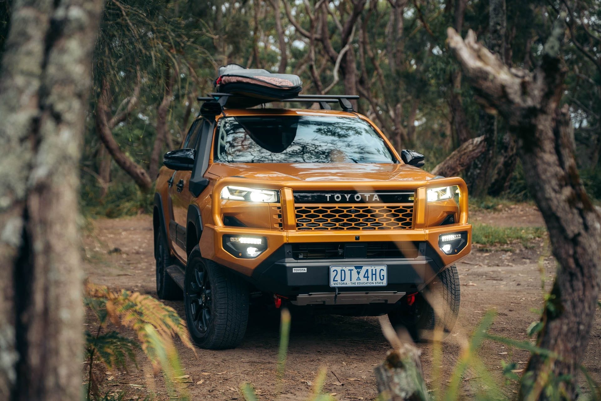 Toyota HiLux SR5, Eva, Victoria Australia, off-road truck, custom bullbar, roof rack, bush track, forest, sunglow color, 4WD, overland, adventure