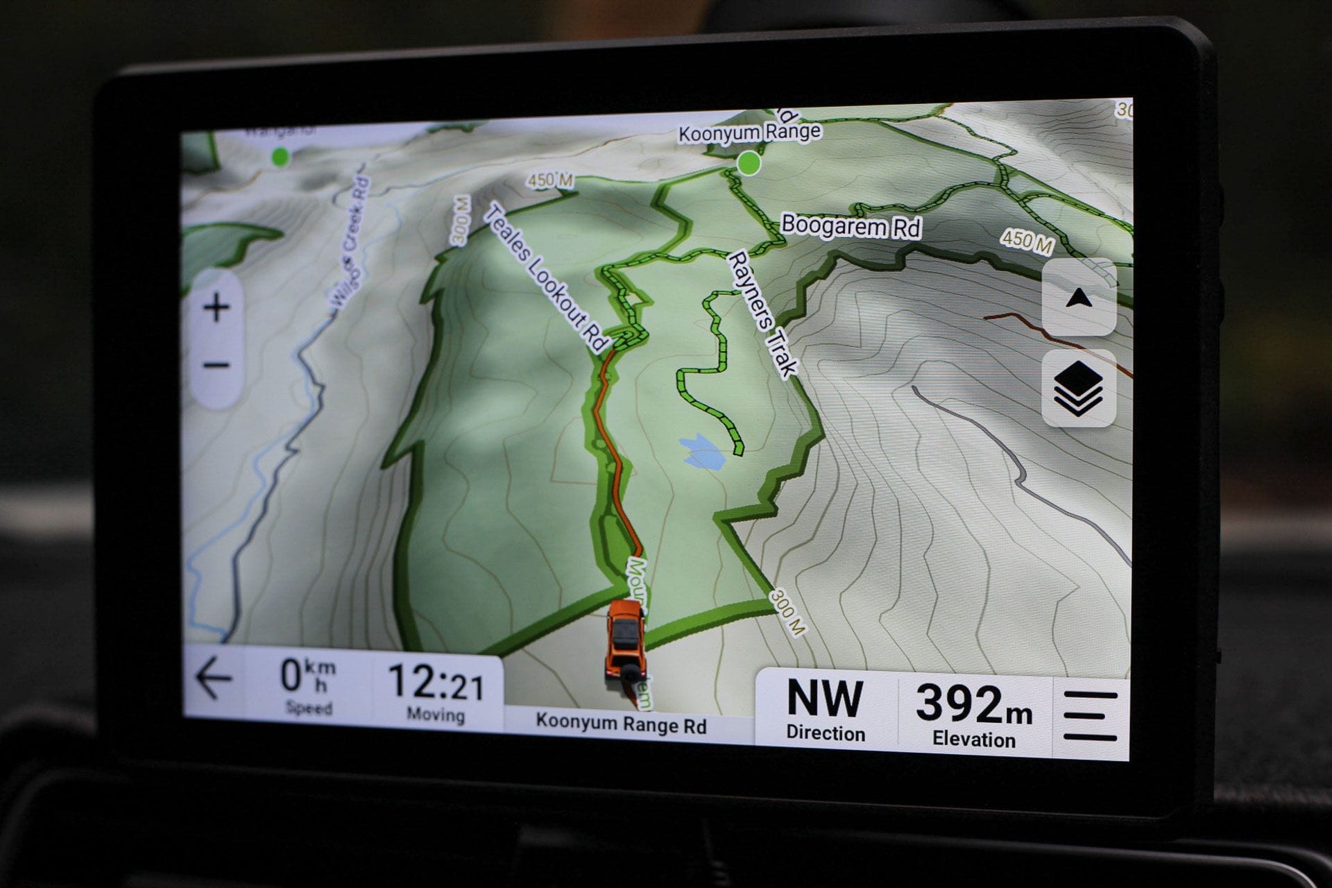 Garmin Tread 2 Overland, digital map, GPS screen, offroad navigation, 4WD, topographical map, Koonyum Range, HEMA Maps, elevation display