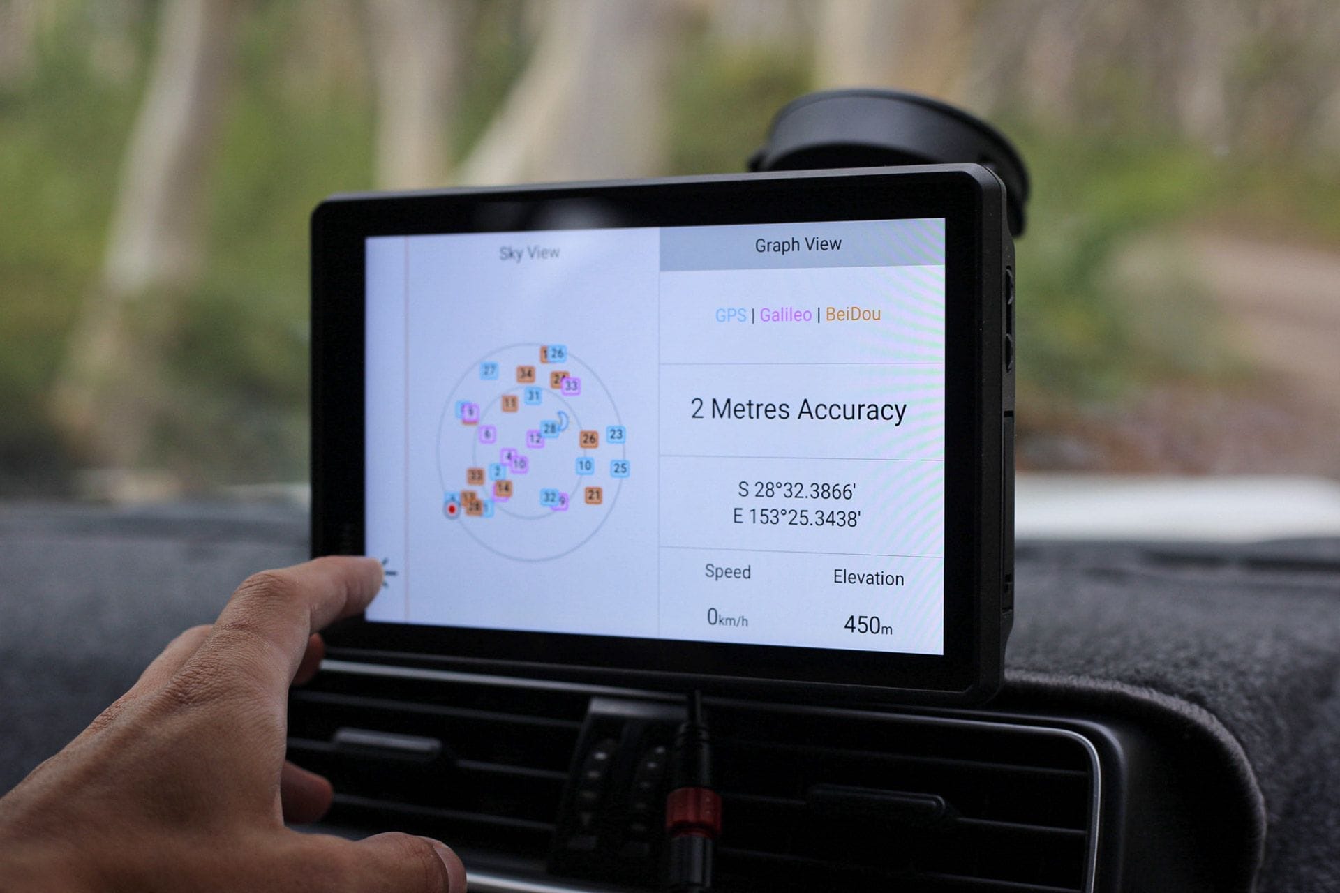 Garmin Tread 2 Overland Sat Nav, in-car GPS device, satellite view, GPS accuracy, coordinates, elevation, speed display, multi-system GNSS, off-road navigation, outdoor adventure, vehicle dashboard